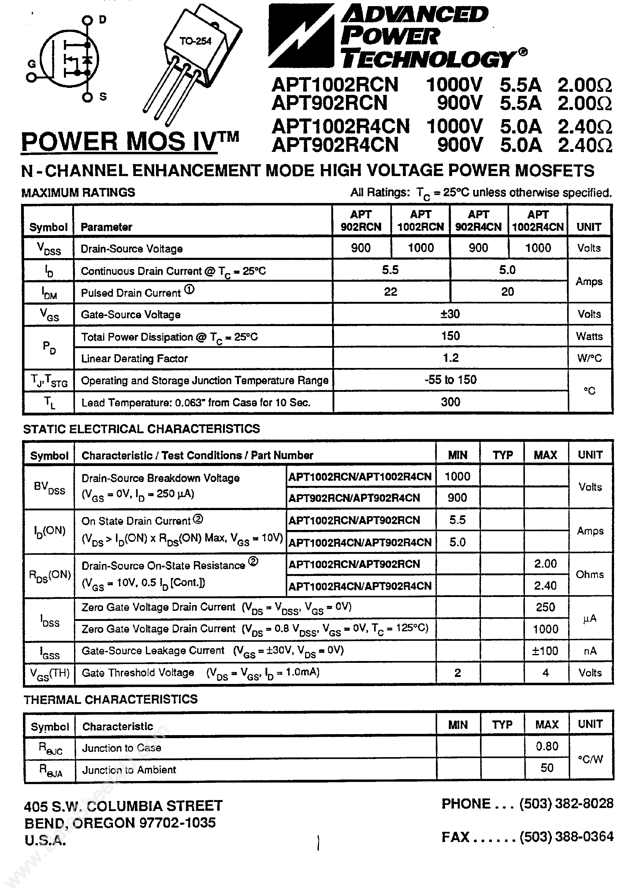 Datasheet APT1002R4CN - (APT Series) N-Channel Enhancement Mode High Voltage Power MOSFET page 1