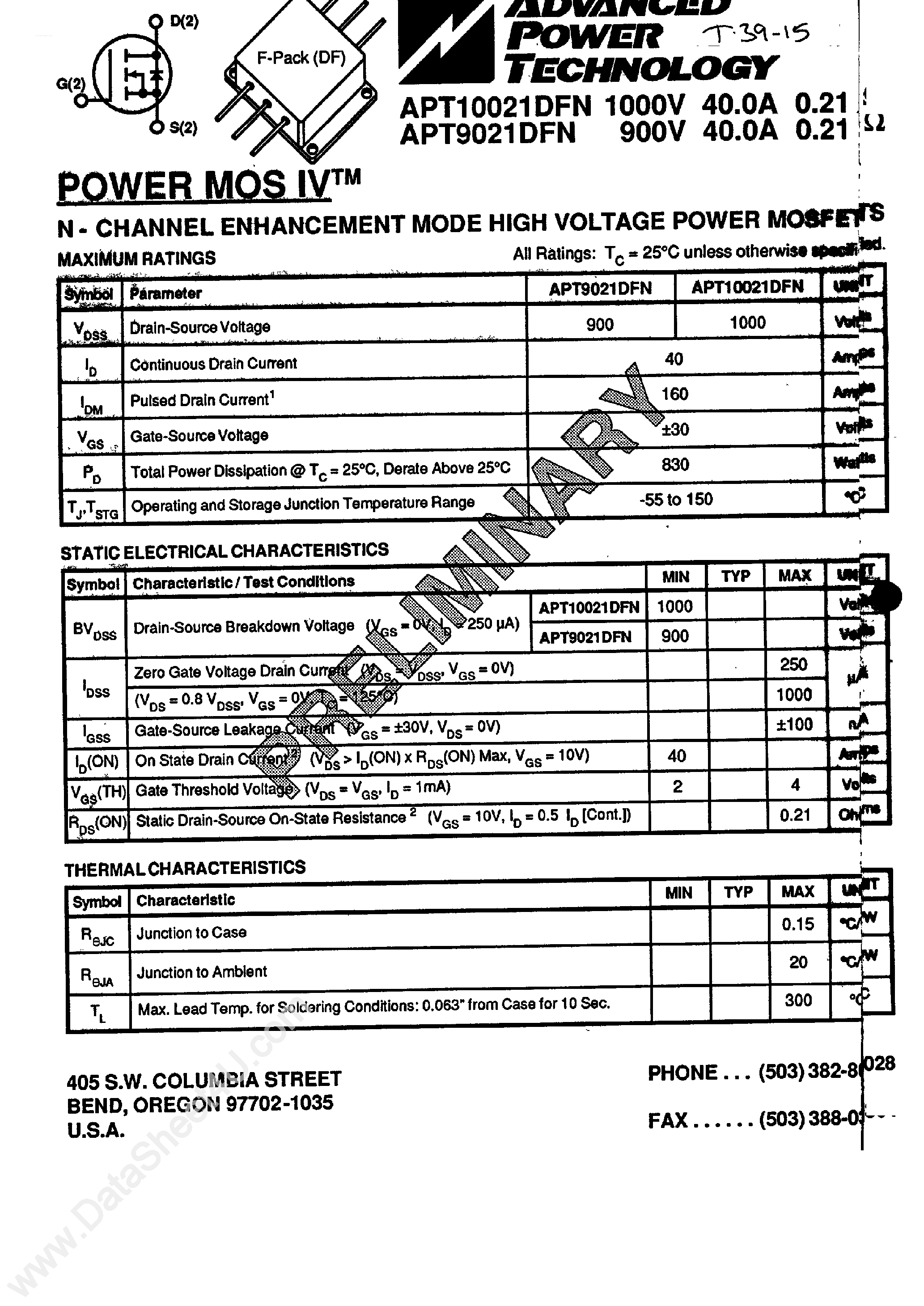 Datasheet APT10021DFN - (APT9021DFN / APT10021DFN) N-Channel Enhancement Mode High Voltage Power MOSFET page 1