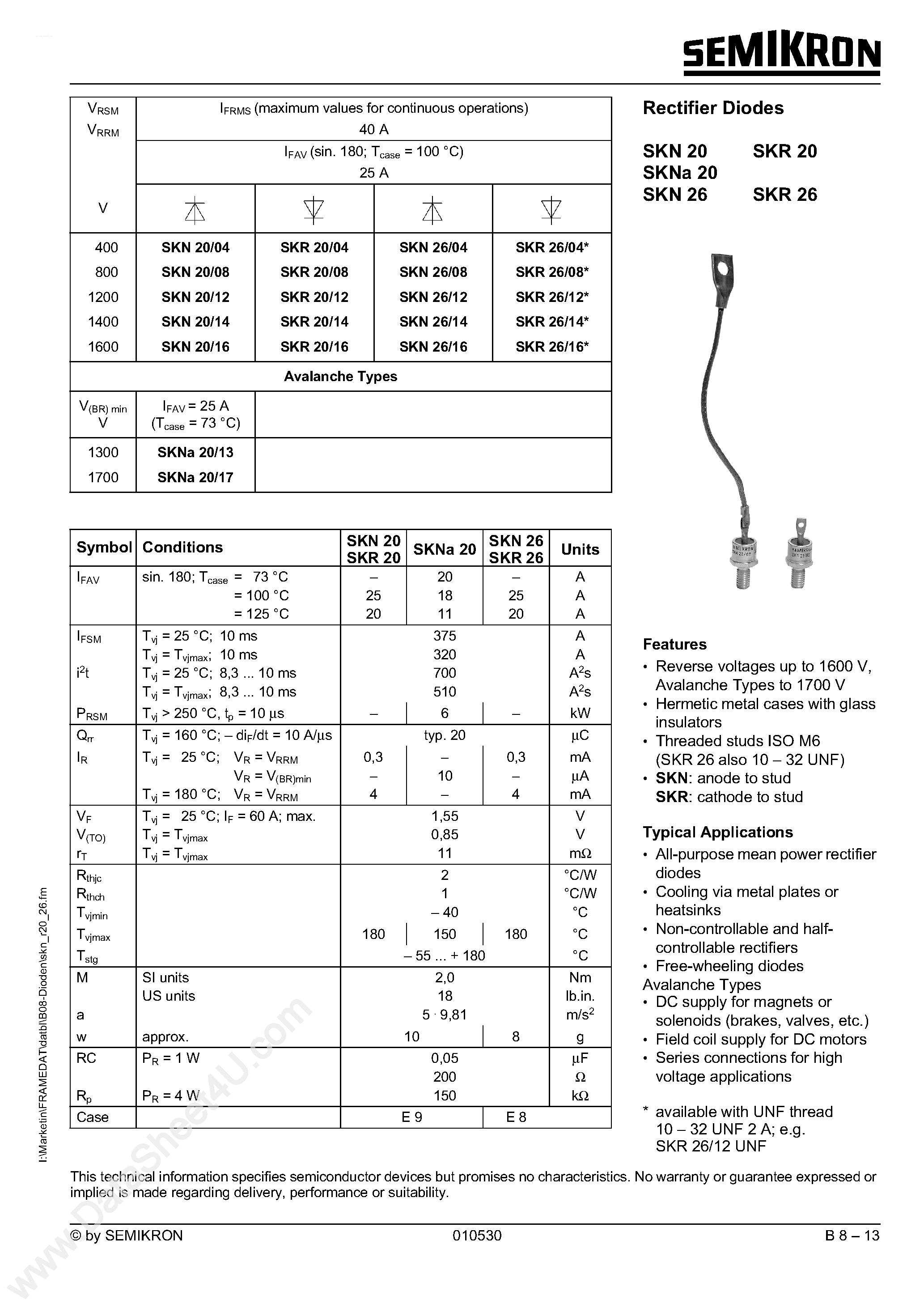 Даташит на микросхему SKN20 страница 1 Даташит SKN20 - (SKN20 / SKN26) Rectifier Diodes страница 1