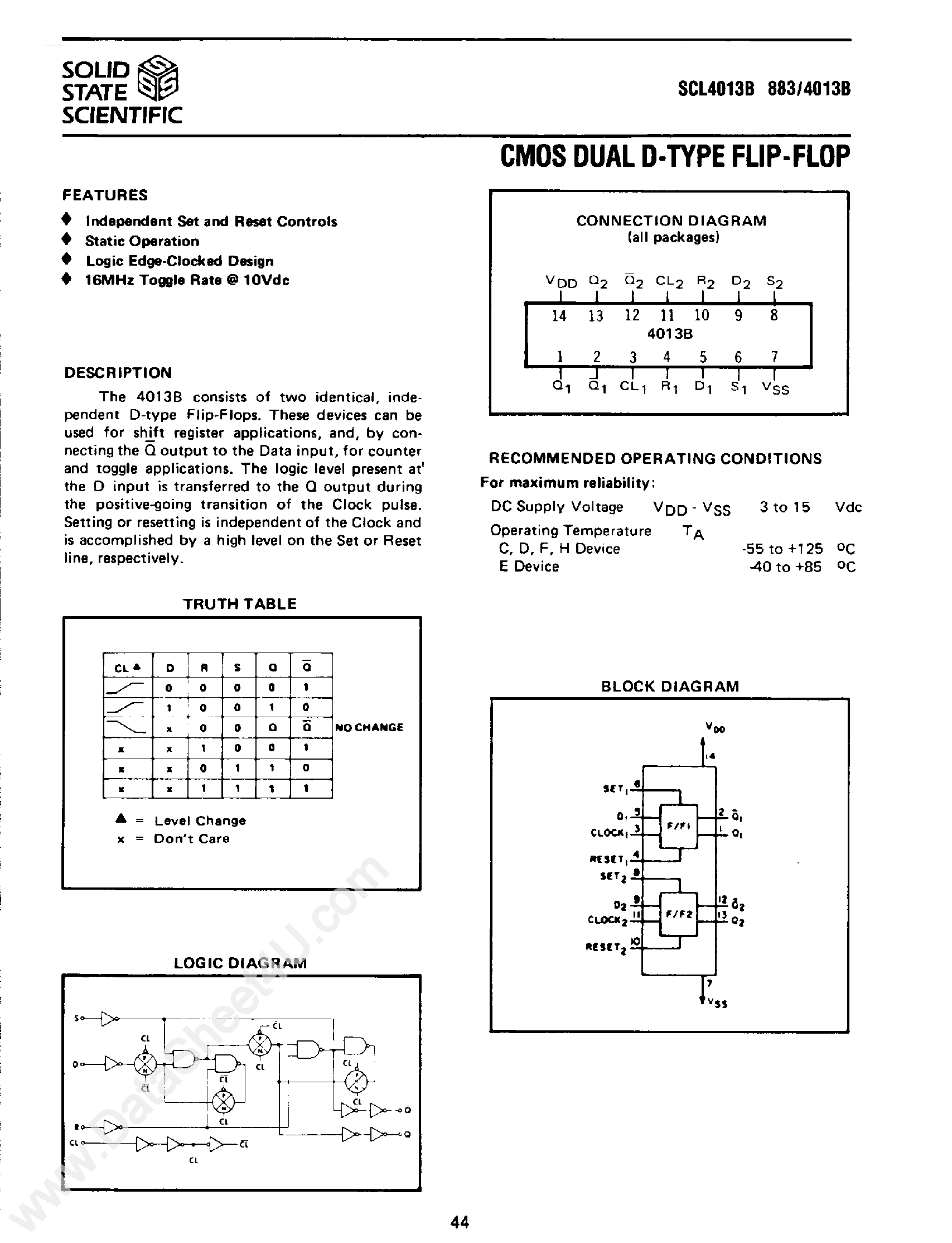 Даташит SCL4013B - CMOS Dual D-Type Flip-Flop страница 1