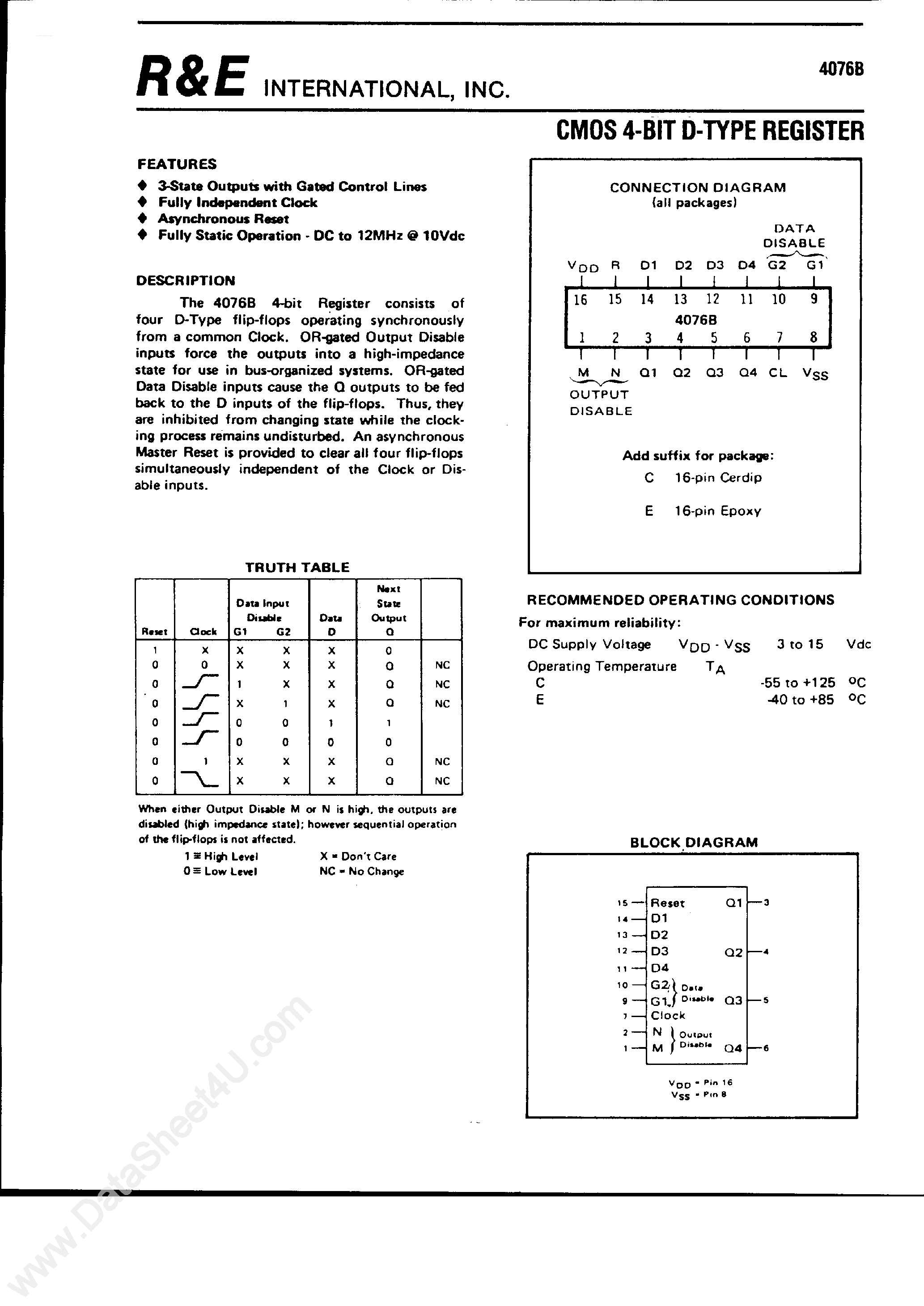 Datasheet SCL4076B - CMOS 4-Bit D-Type Register page 1