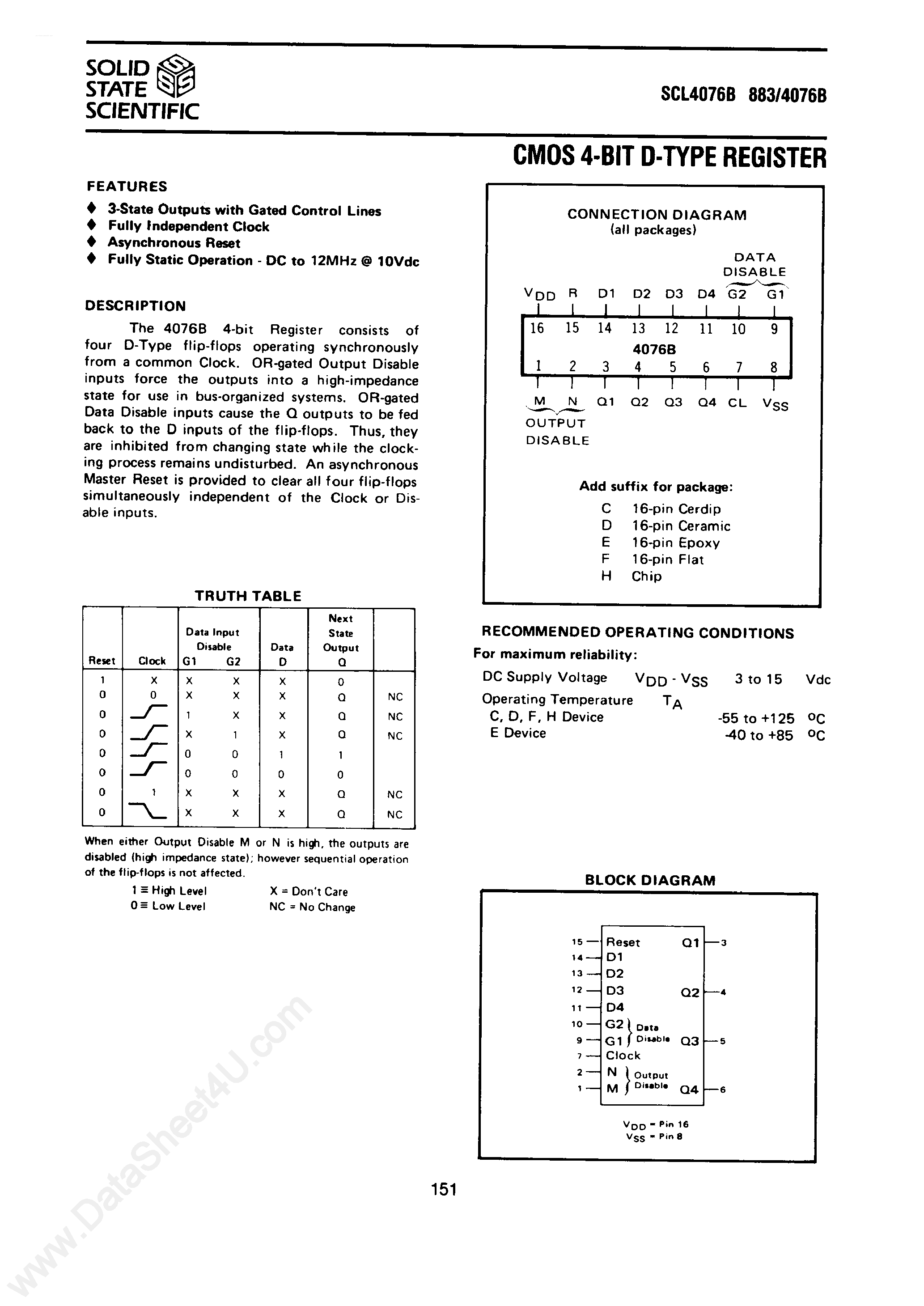 Datasheet SCL4076B - CMOS 4-Bit D-Type Register page 1