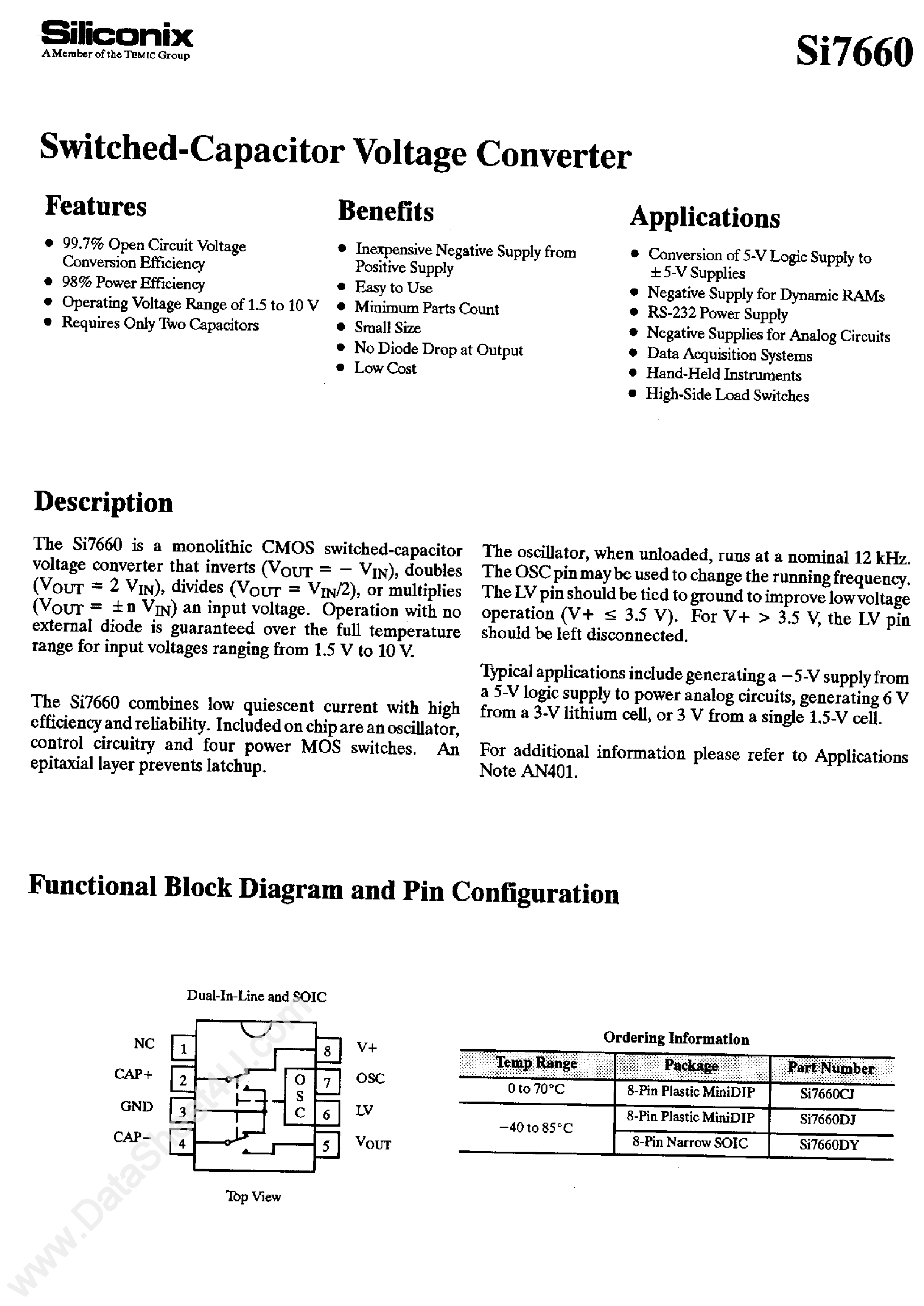 Datasheet SI7660 - Switched Capacitor Voltage Converter page 1