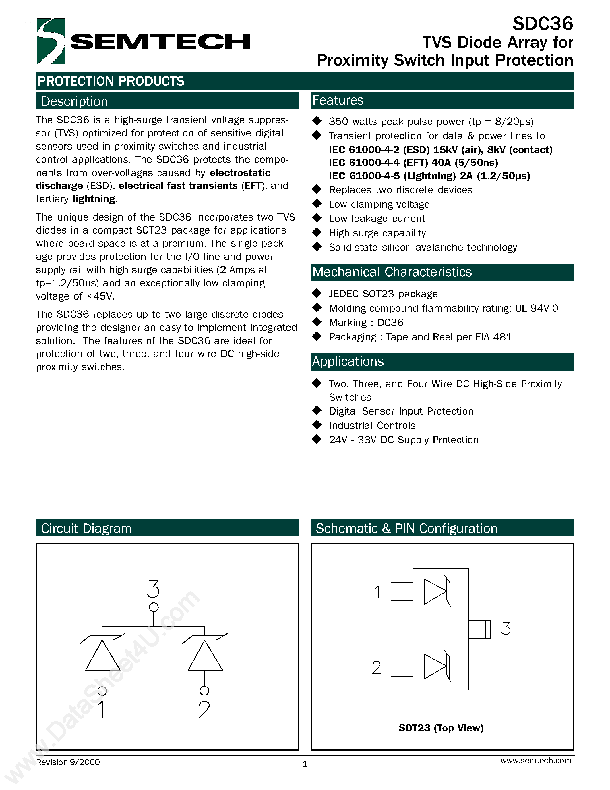 Datasheet SDC36 page 1 Datasheet SDC36 - TVS Diode Array for Proximity Switch Input Protection page 1