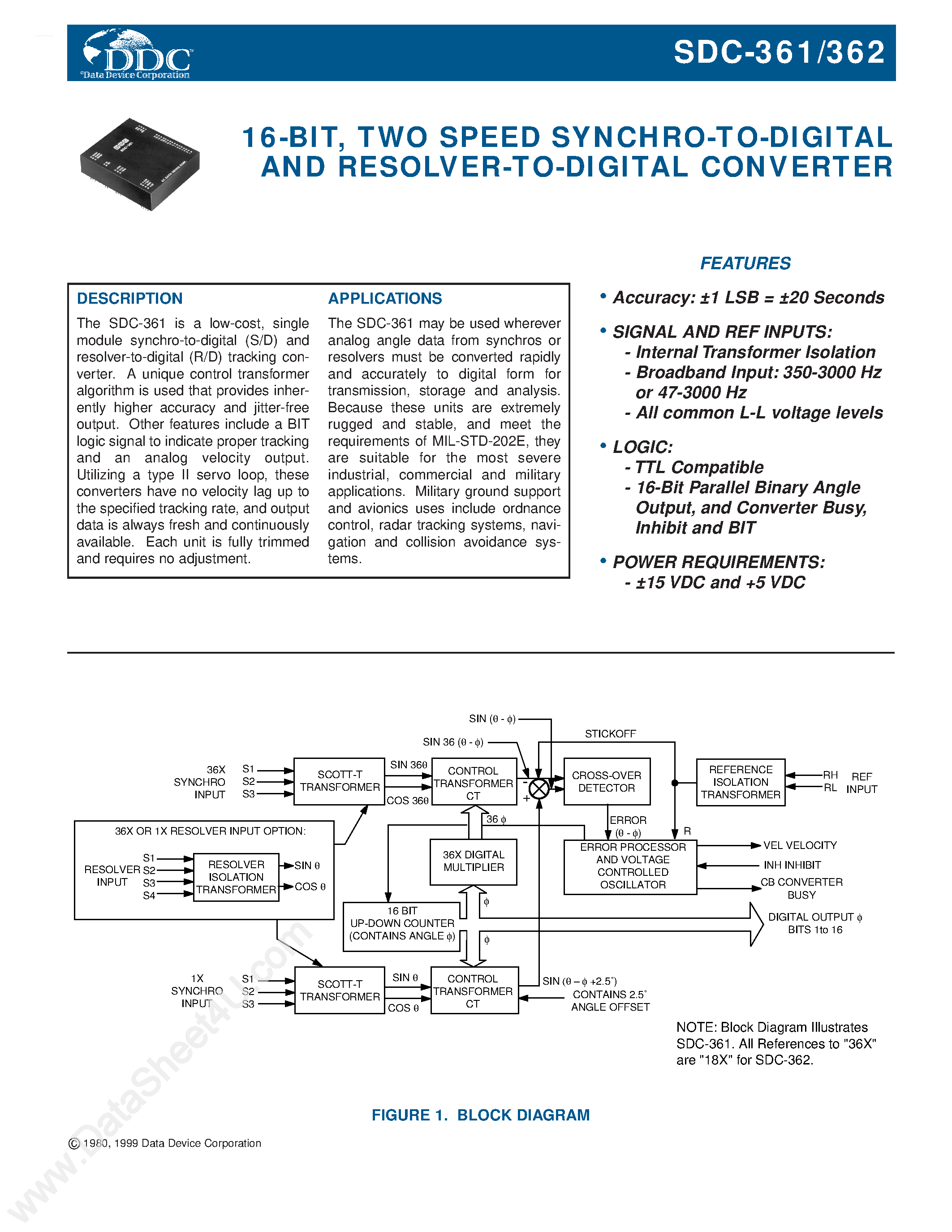 Datasheet SDC-361 page 1 Datasheet SDC-361 - (SDC361 / SDC362) 16-Bit 2 Speed Synchro to Digital and Resolver to Digital Converter page 1