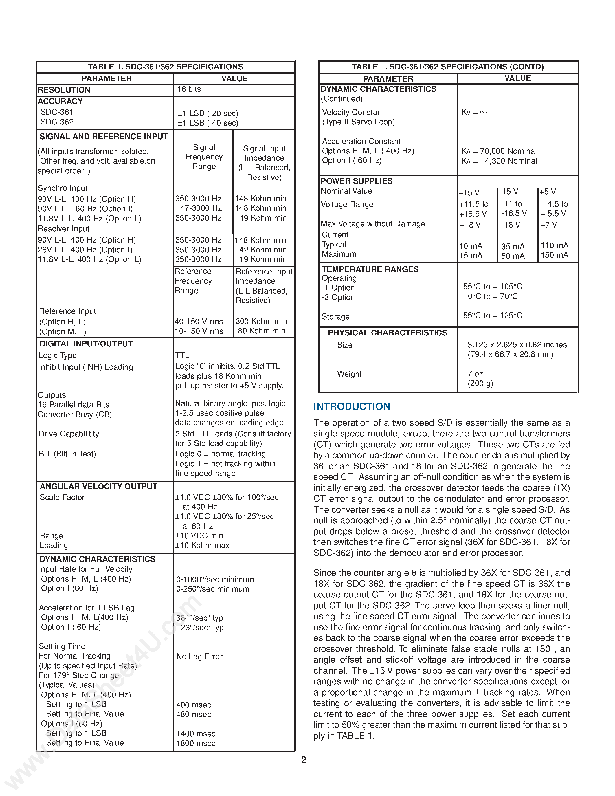 Datasheet SDC-361 page 2 Datasheet SDC-361 - (SDC361 / SDC362) 16-Bit 2 Speed Synchro to Digital and Resolver to Digital Converter page 2