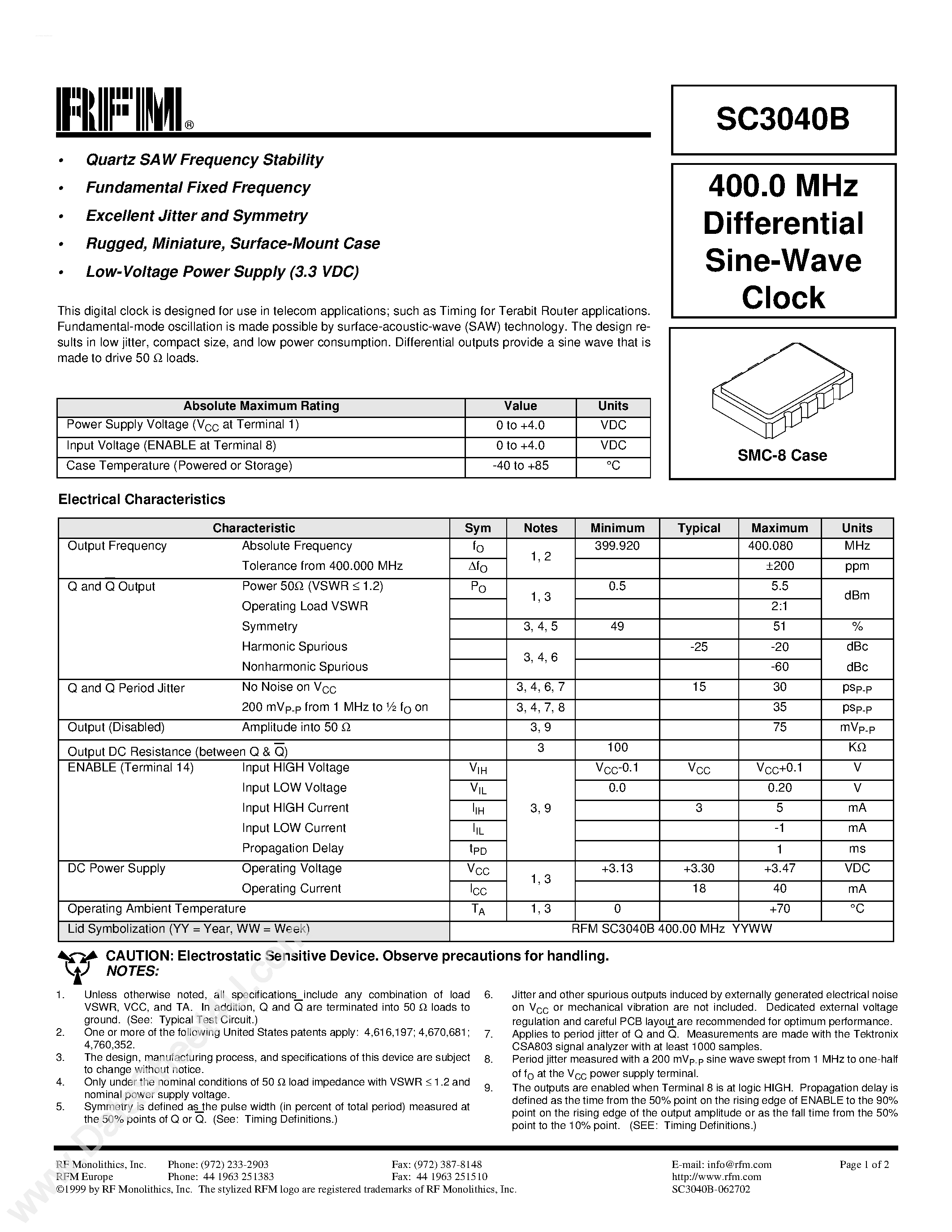 Datasheet SC3040B page 1 Datasheet SC3040B - 400.0 MHz Differential Sine-Wave Clock page 1
