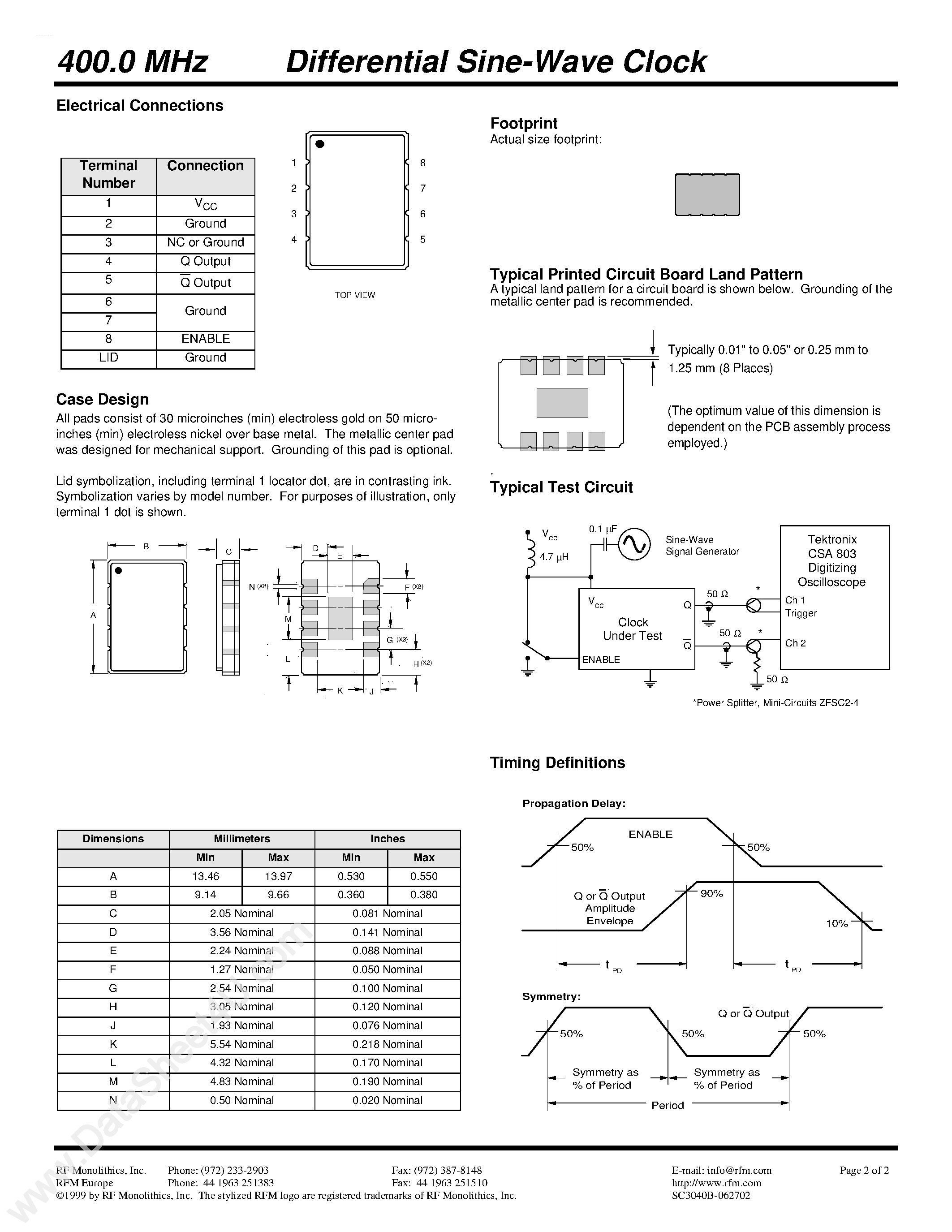 Datasheet SC3040B page 2 Datasheet SC3040B - 400.0 MHz Differential Sine-Wave Clock page 2