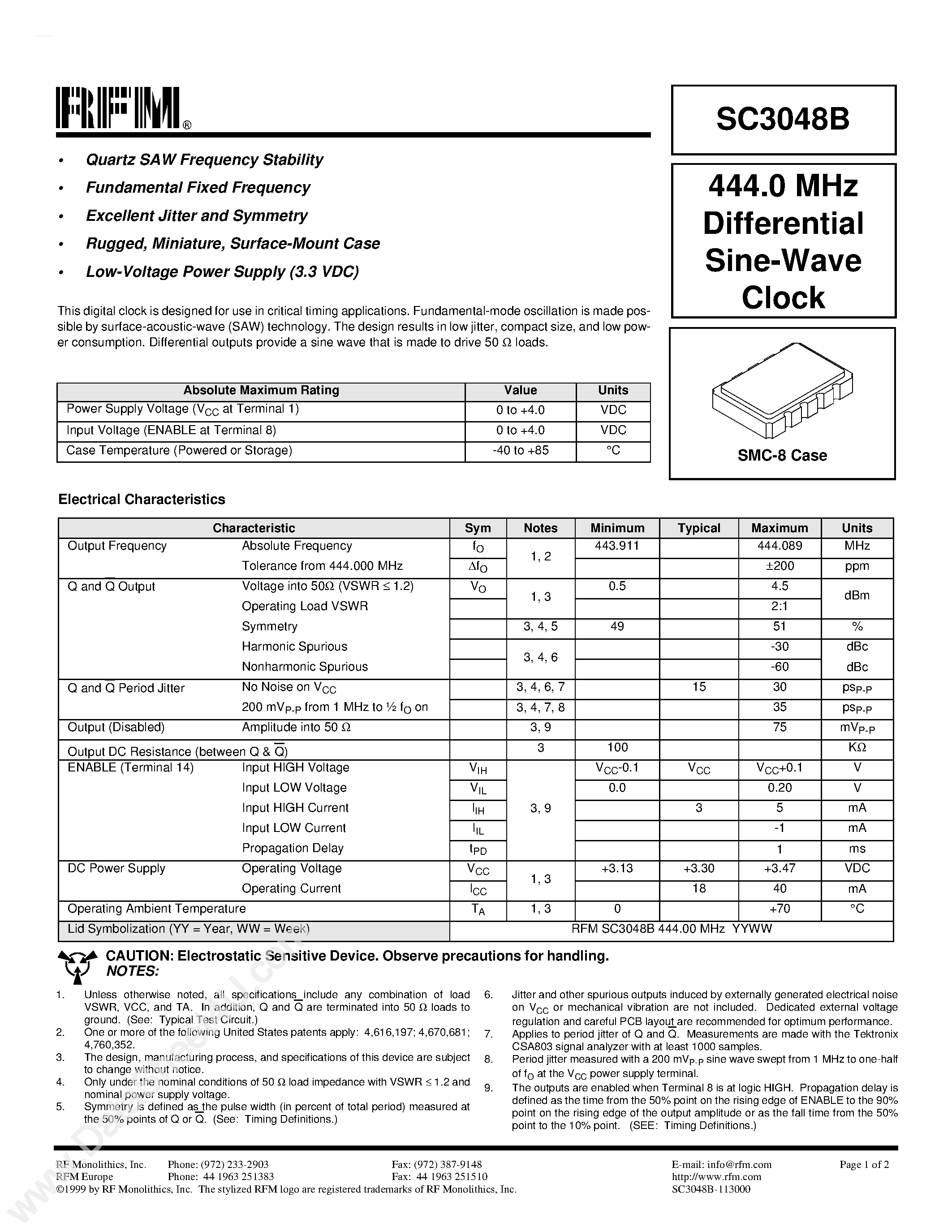 Datasheet SC3048B page 1 Datasheet SC3048B - 444.0 MHz Differential Sine-Wave Clock page 1