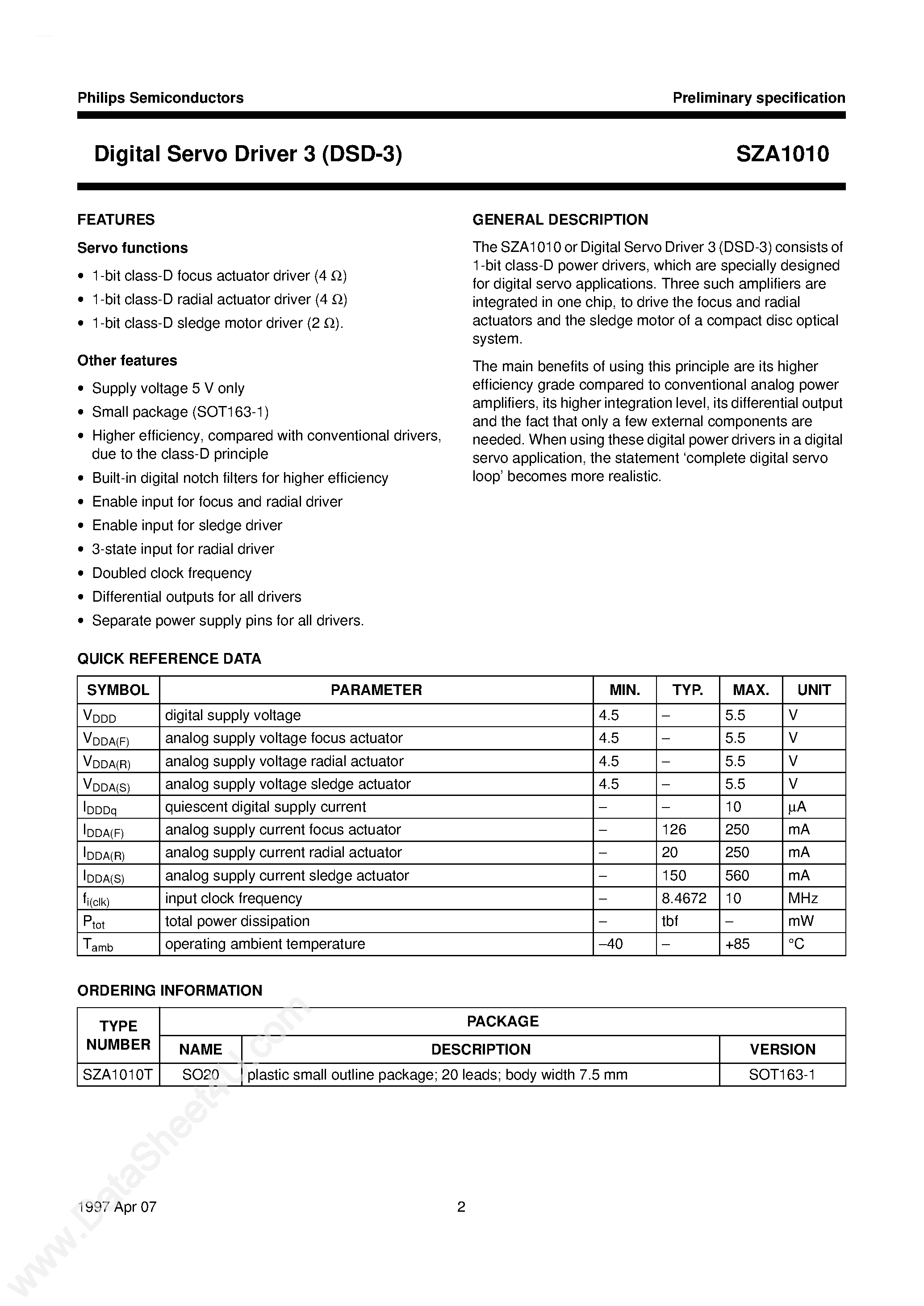 Datasheet SZA1010 - Digital Servo Driver 3 DSD-3 page 2