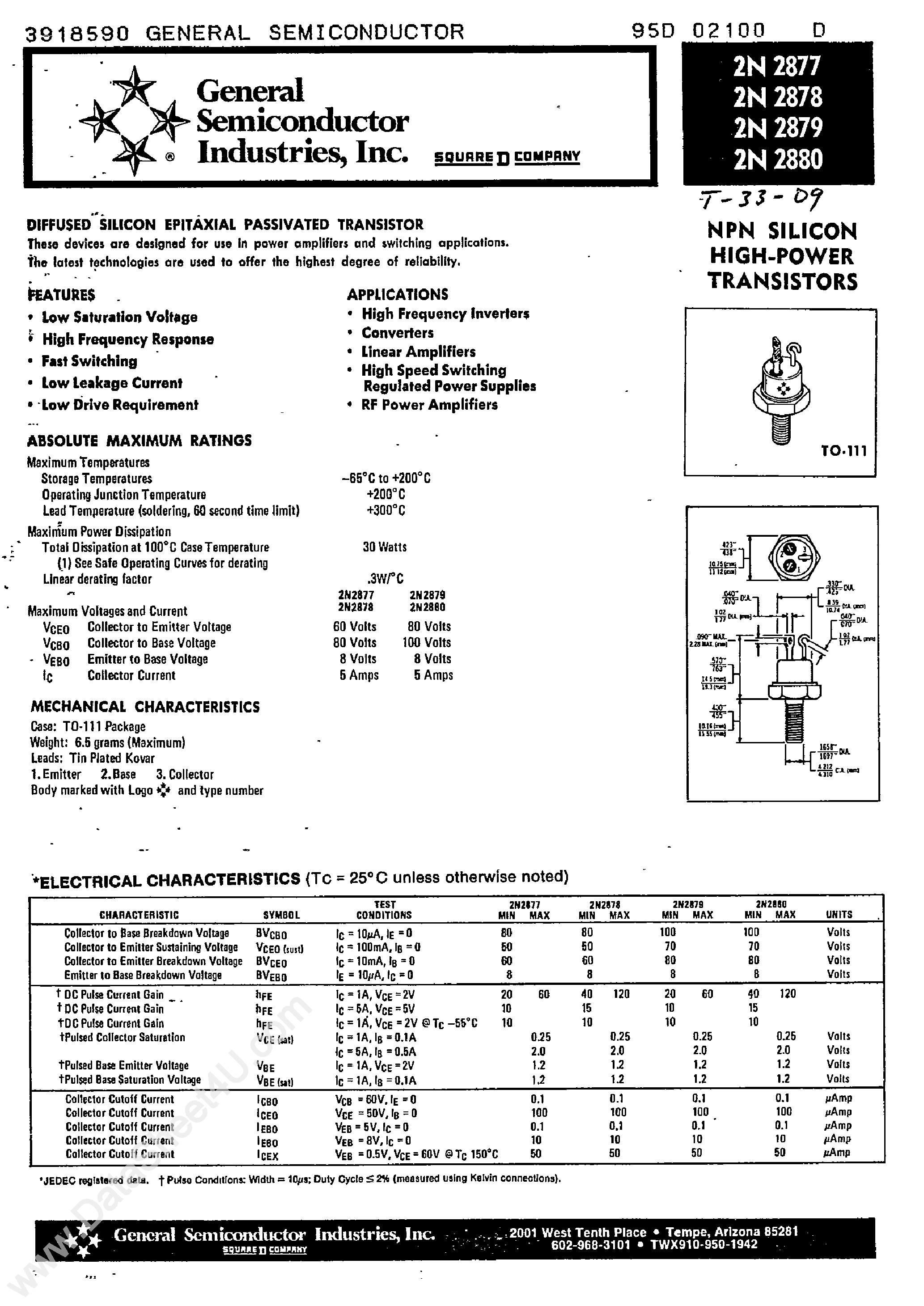 Даташит 2N2877 - (2N2877 - 2N2880) NPN Silicon High Power Transistors страница 1