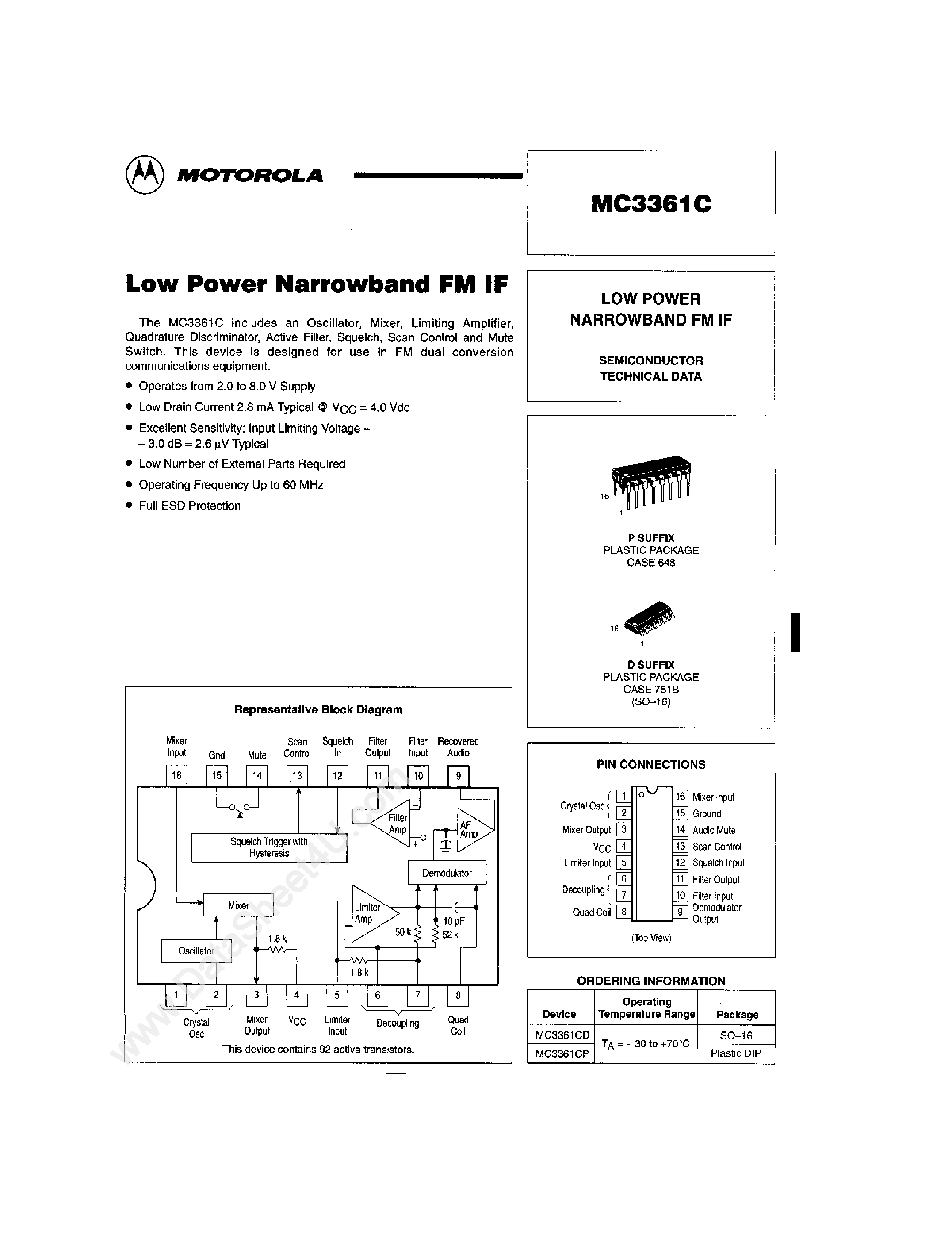 Datasheet MC3361C page 1 Datasheet MC3361C - LOW POWER NARROWBAND FM IF page 1