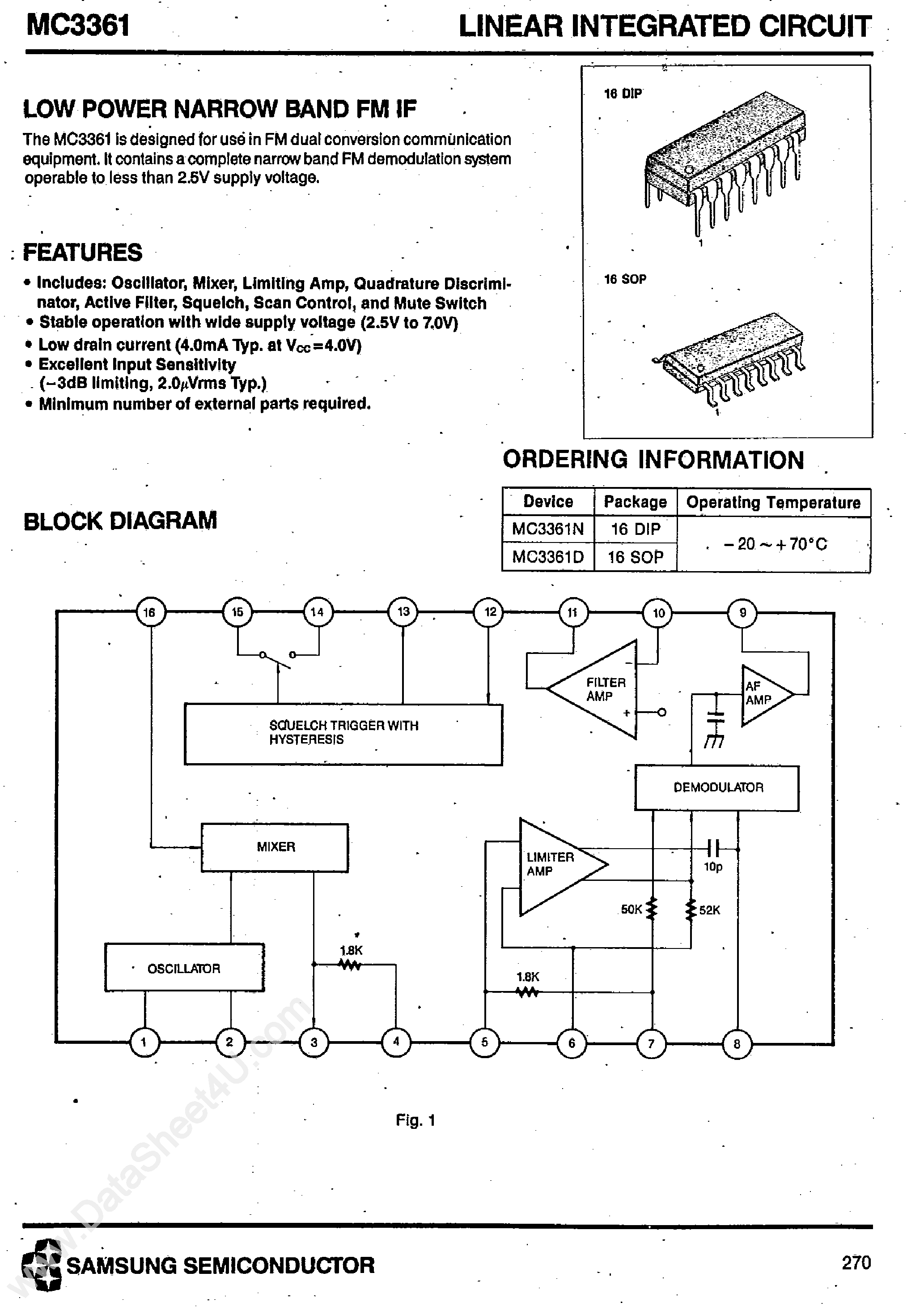 Datasheet MC3361 page 1 Datasheet MC3361 - Low Power Narroe Band FM IF page 1