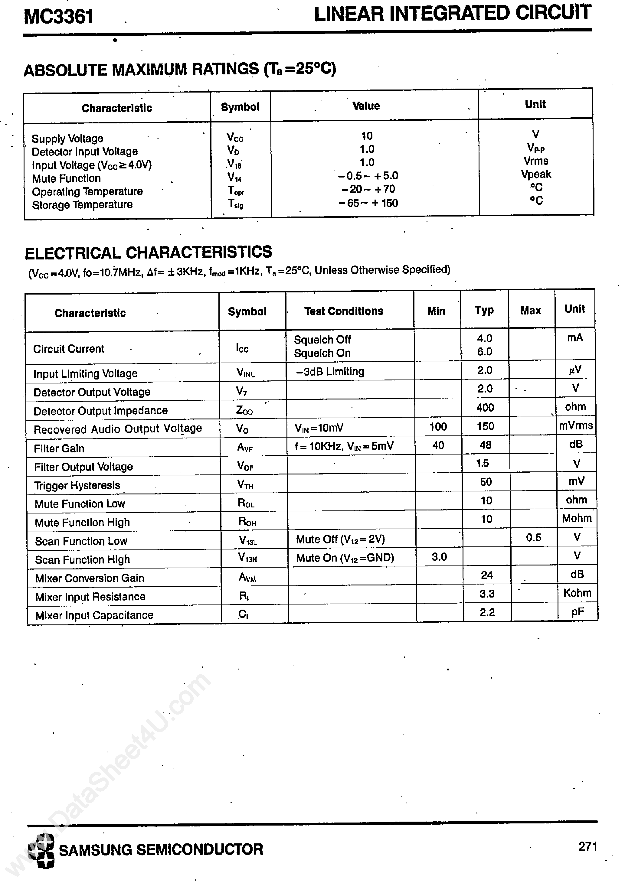 Datasheet MC3361 page 2 Datasheet MC3361 - Low Power Narroe Band FM IF page 2