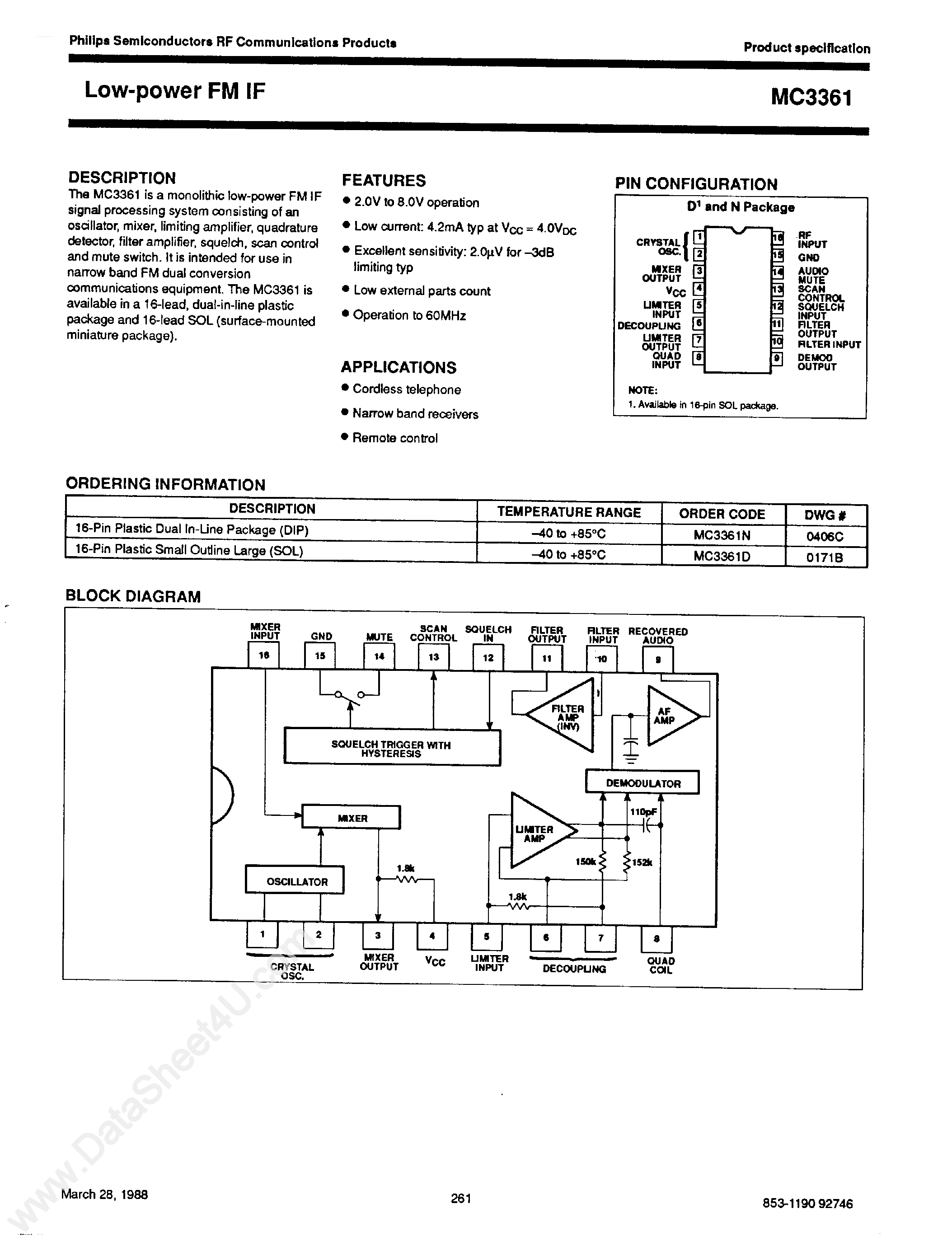 Datasheet MC3361 - Low Power FM IF page 1