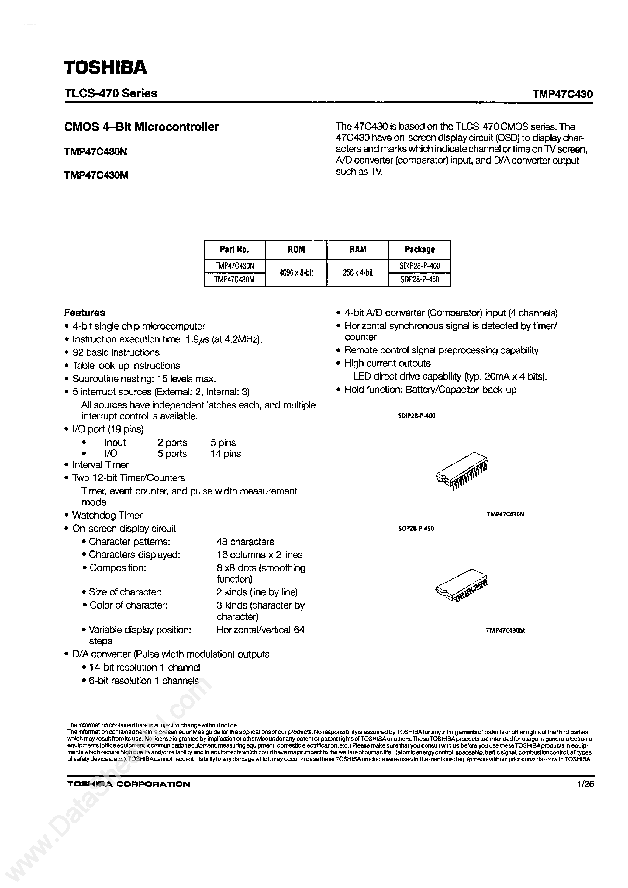 Даташит TMP47C430 - CMOS 4-Bit Microcontroller страница 1
