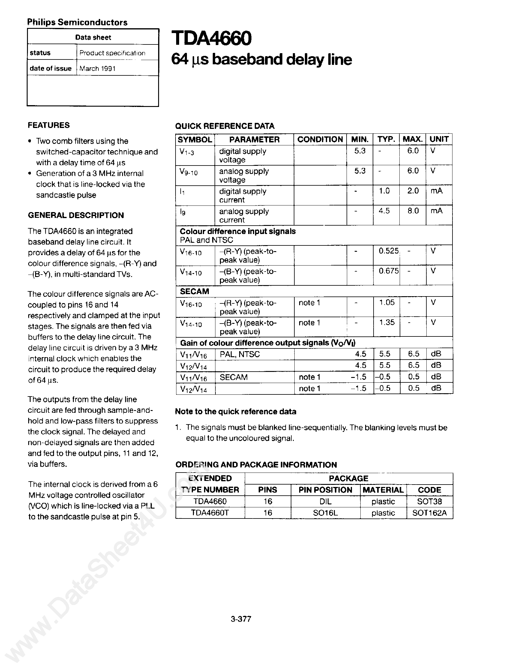 Datasheet TDA4660 - 64 us Baseband Delay Line page 1