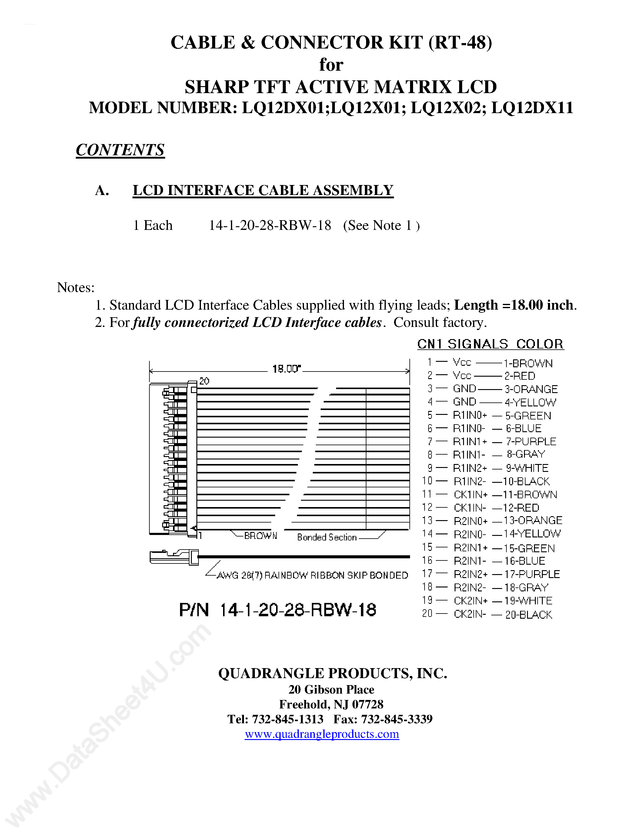 Даташит LQ12DX01 - (LQ12xxxx) Cable & Connector Kit страница 1