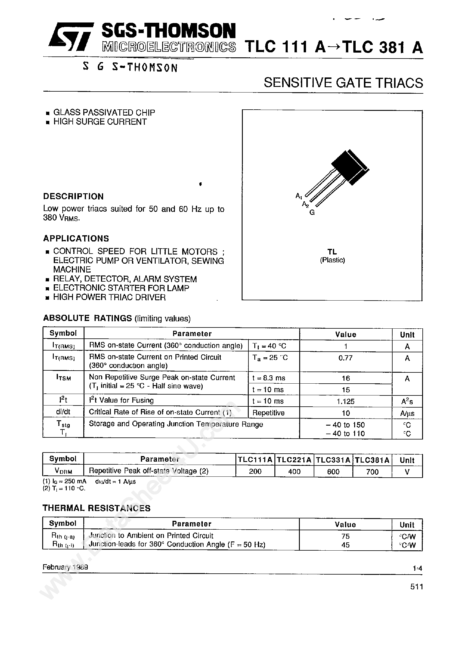 Datasheet TLC111A - (TLCxxxA) Sensitive Gate Triacs page 1