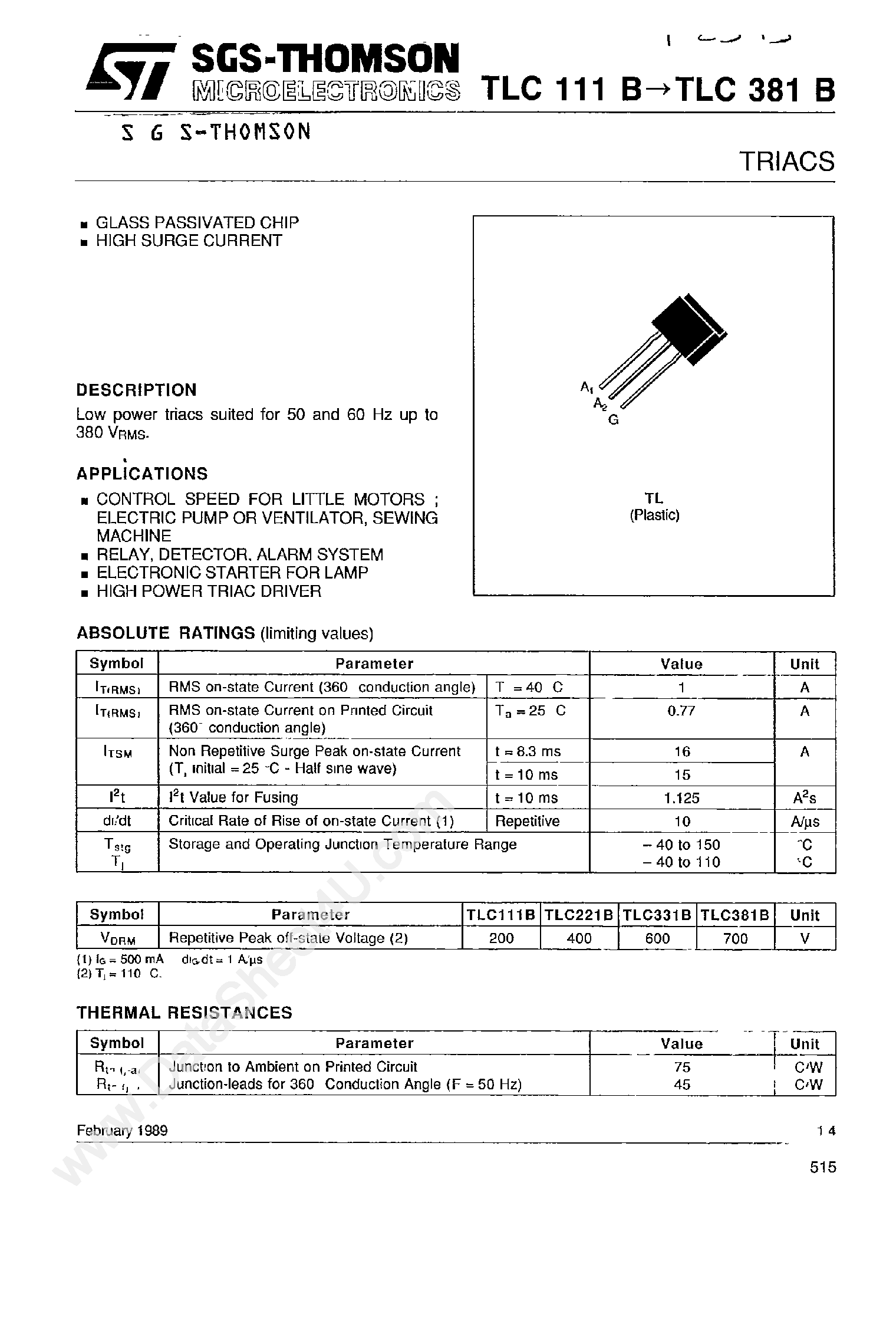 Datasheet TLC111B - (TLCxxxB) Triacs page 1