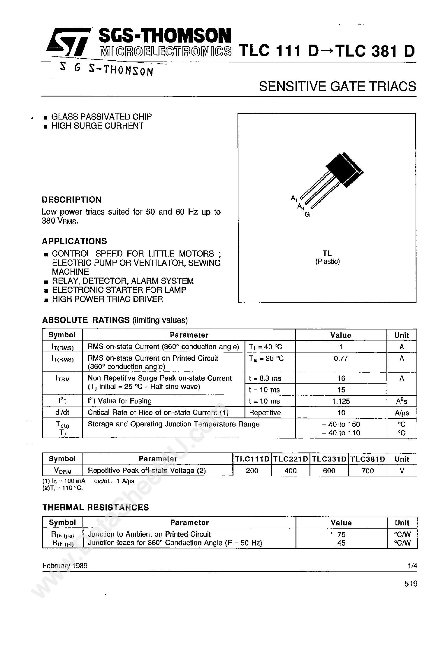 Datasheet TLC111D - (TLCxxxD) Sensitive Gate Triacs page 1