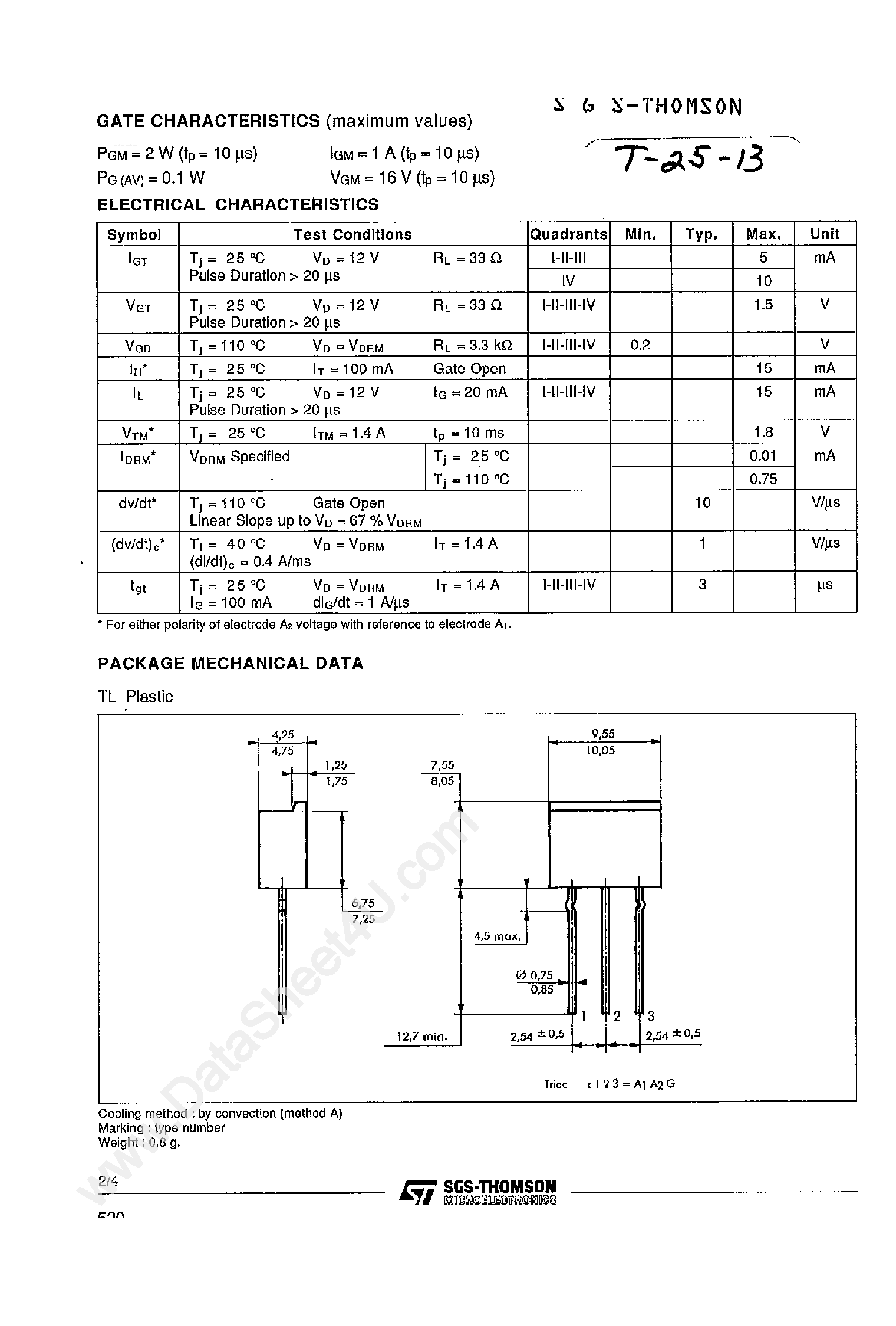 Datasheet TLC111D - (TLCxxxD) Sensitive Gate Triacs page 2