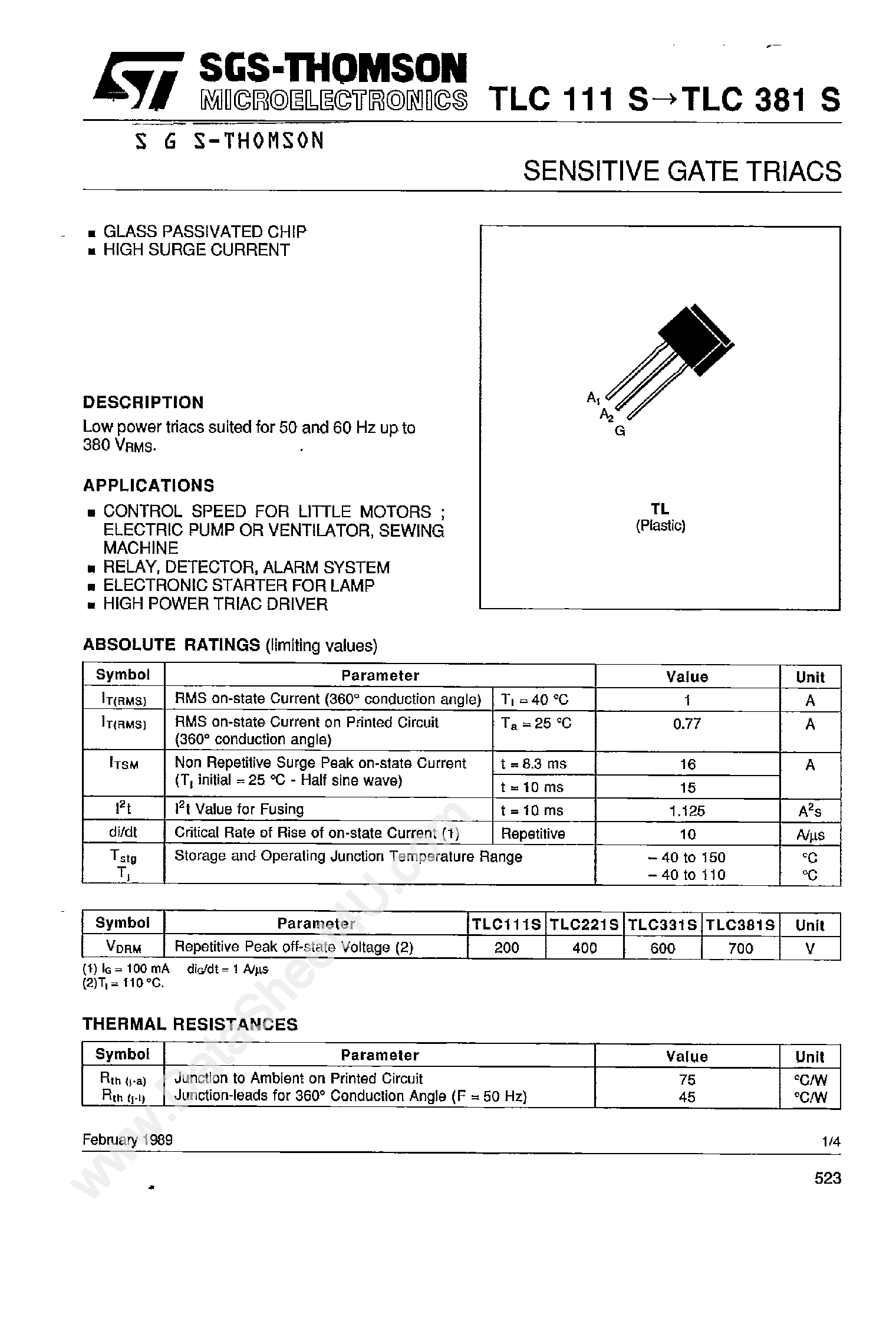 Datasheet TLC111S - (TLCxxxS) Sensitive Gate Triacs page 1