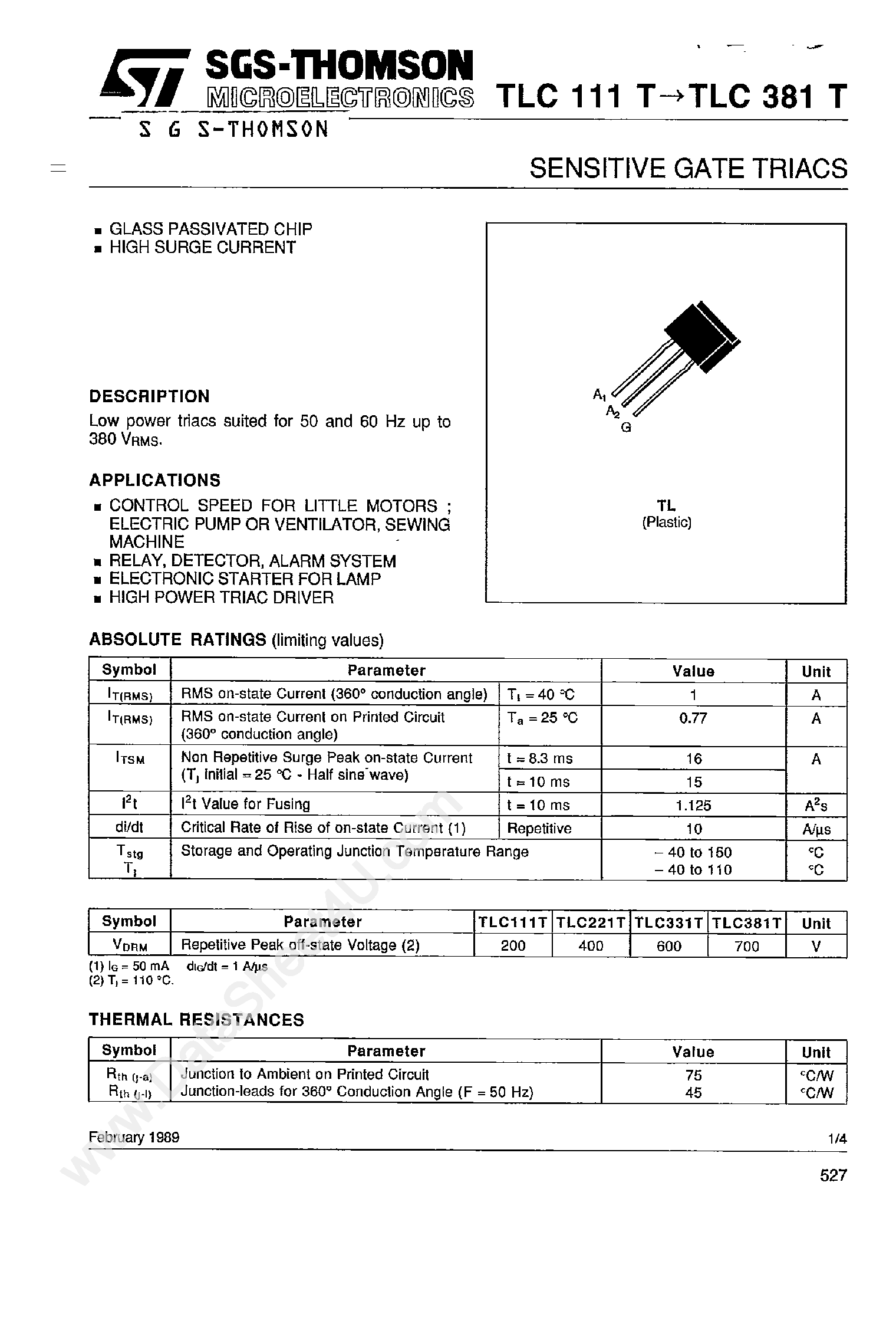 Datasheet TLC111T - (TLCxxxT) Sensitive Gate Triacs page 1