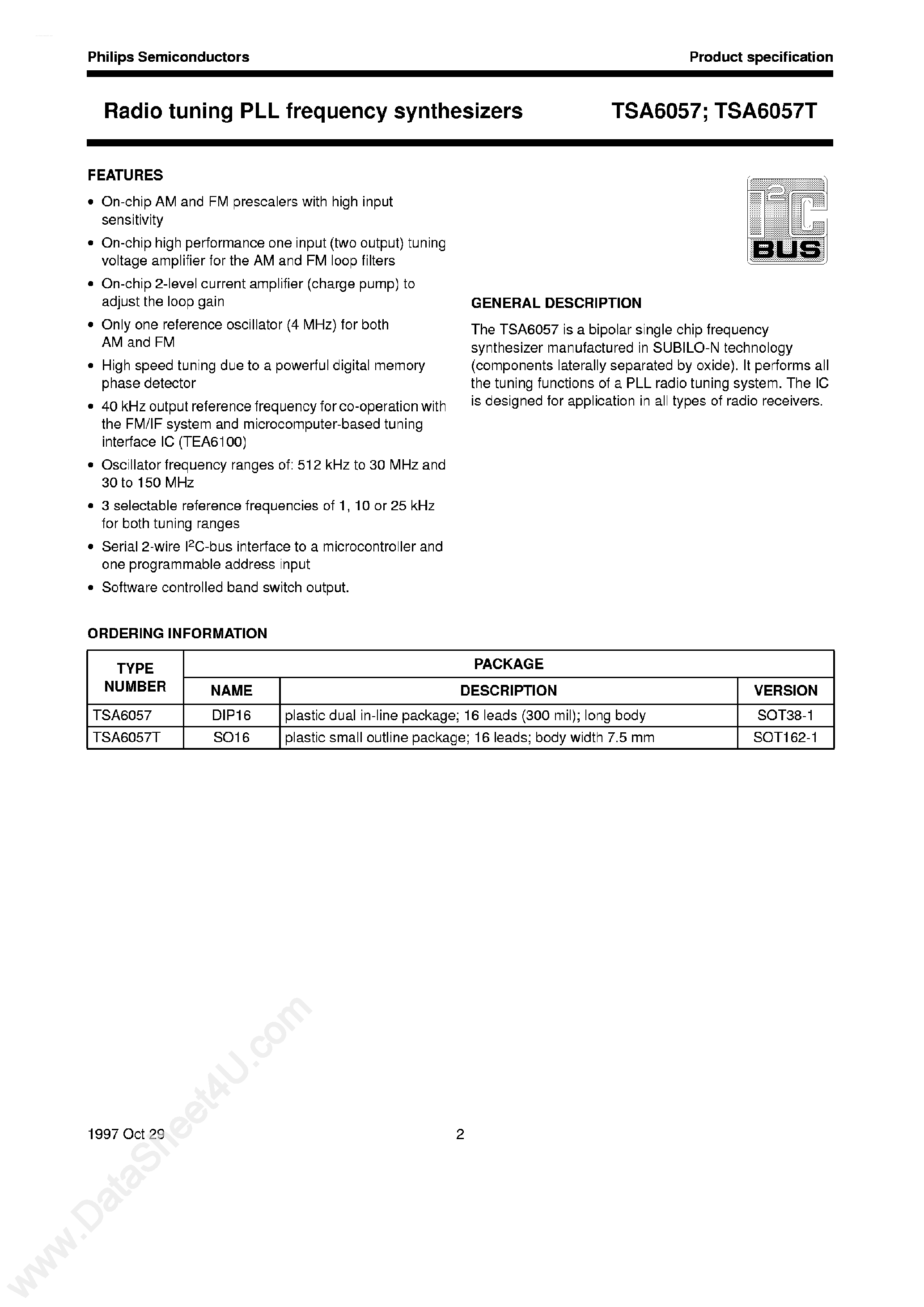 Datasheet TSA6057 page 1 Datasheet TSA6057 - Radio tuning PLL frequency synthesizers page 1