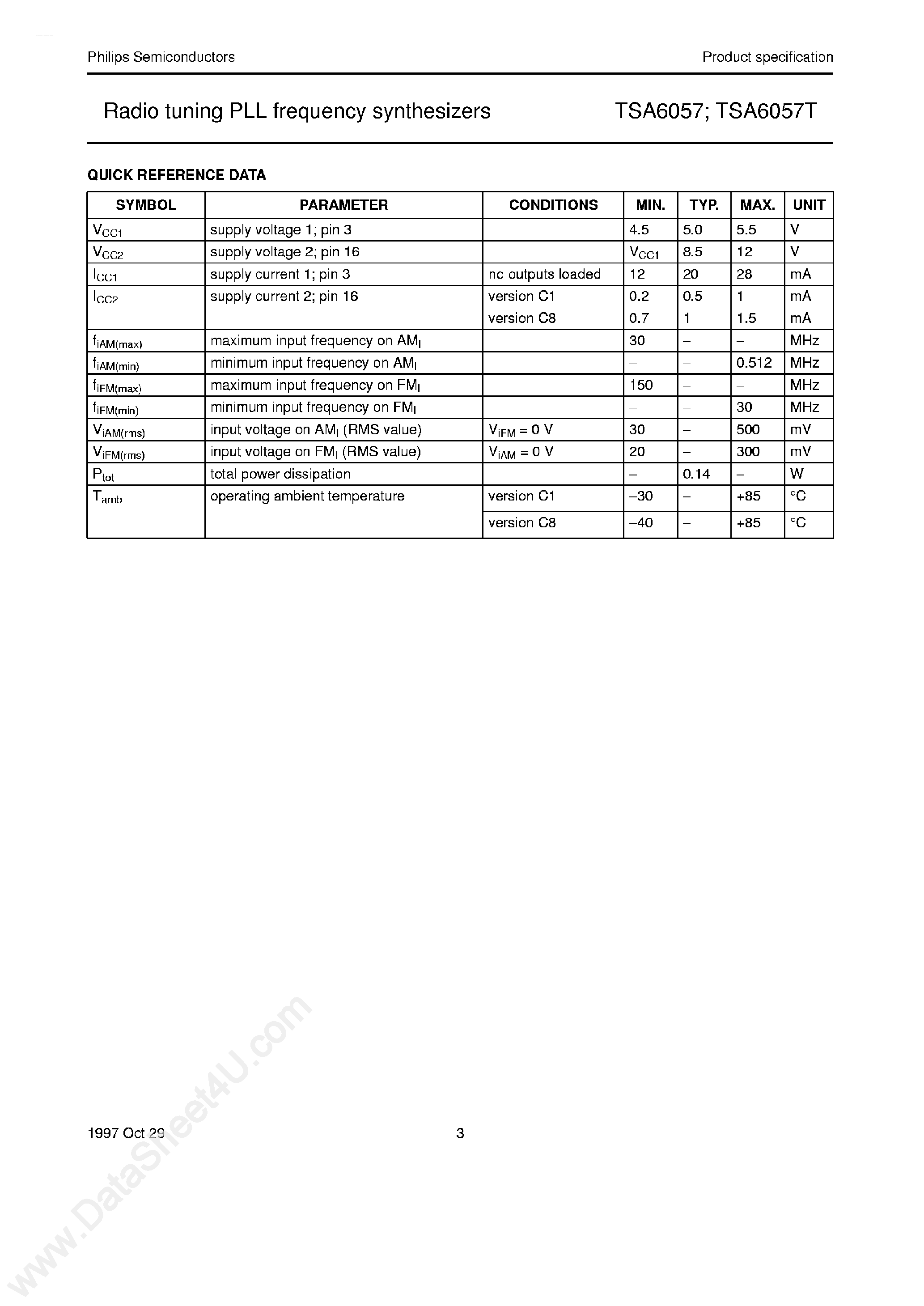 Datasheet TSA6057 page 2 Datasheet TSA6057 - Radio tuning PLL frequency synthesizers page 2