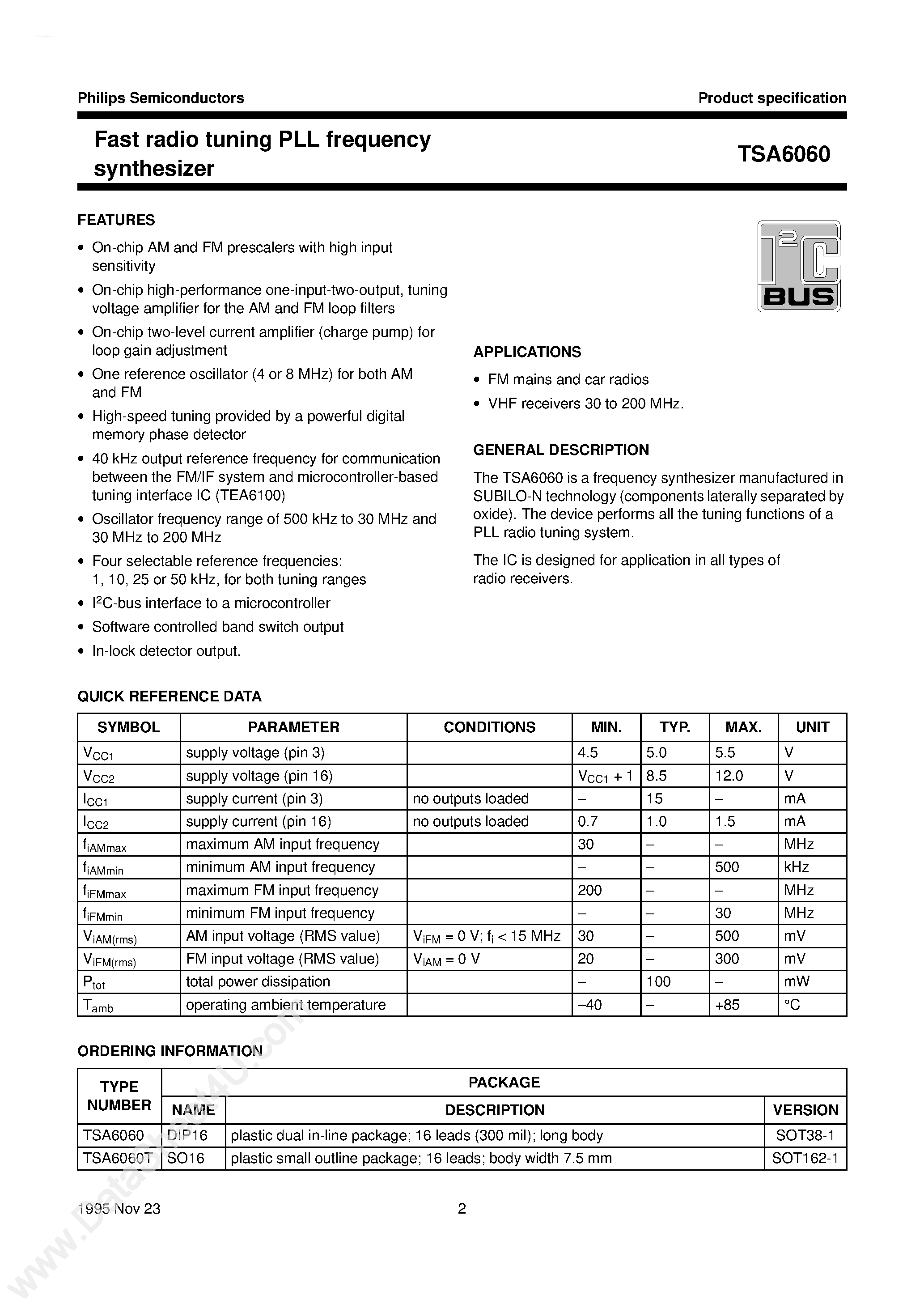 Datasheet TSA6060 page 2 Datasheet TSA6060 - Fast radio tuning PLL frequency synthesizer page 2