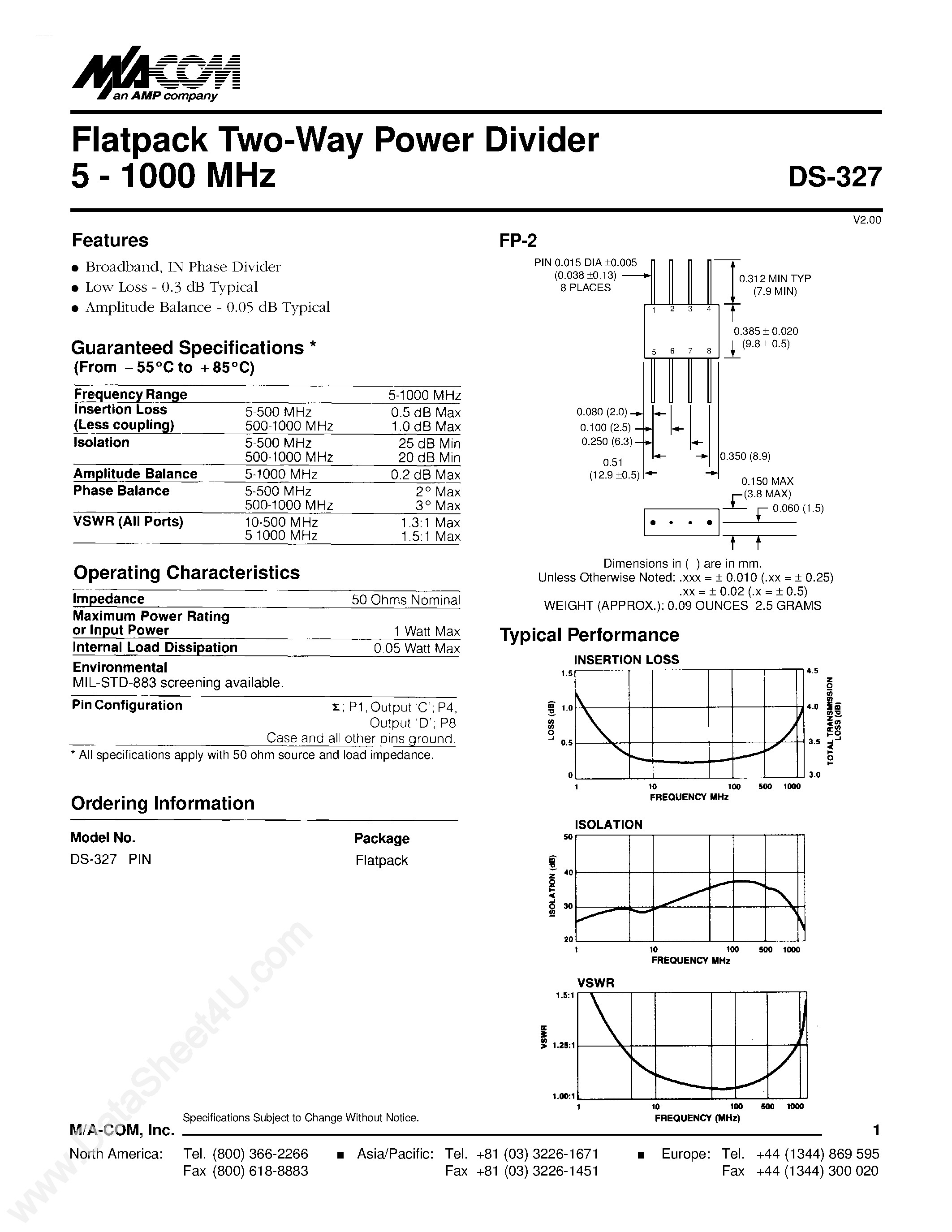Datasheet DS-327 - Flatpack Two-Way Power Divider 5 - 1000 MHz page 1