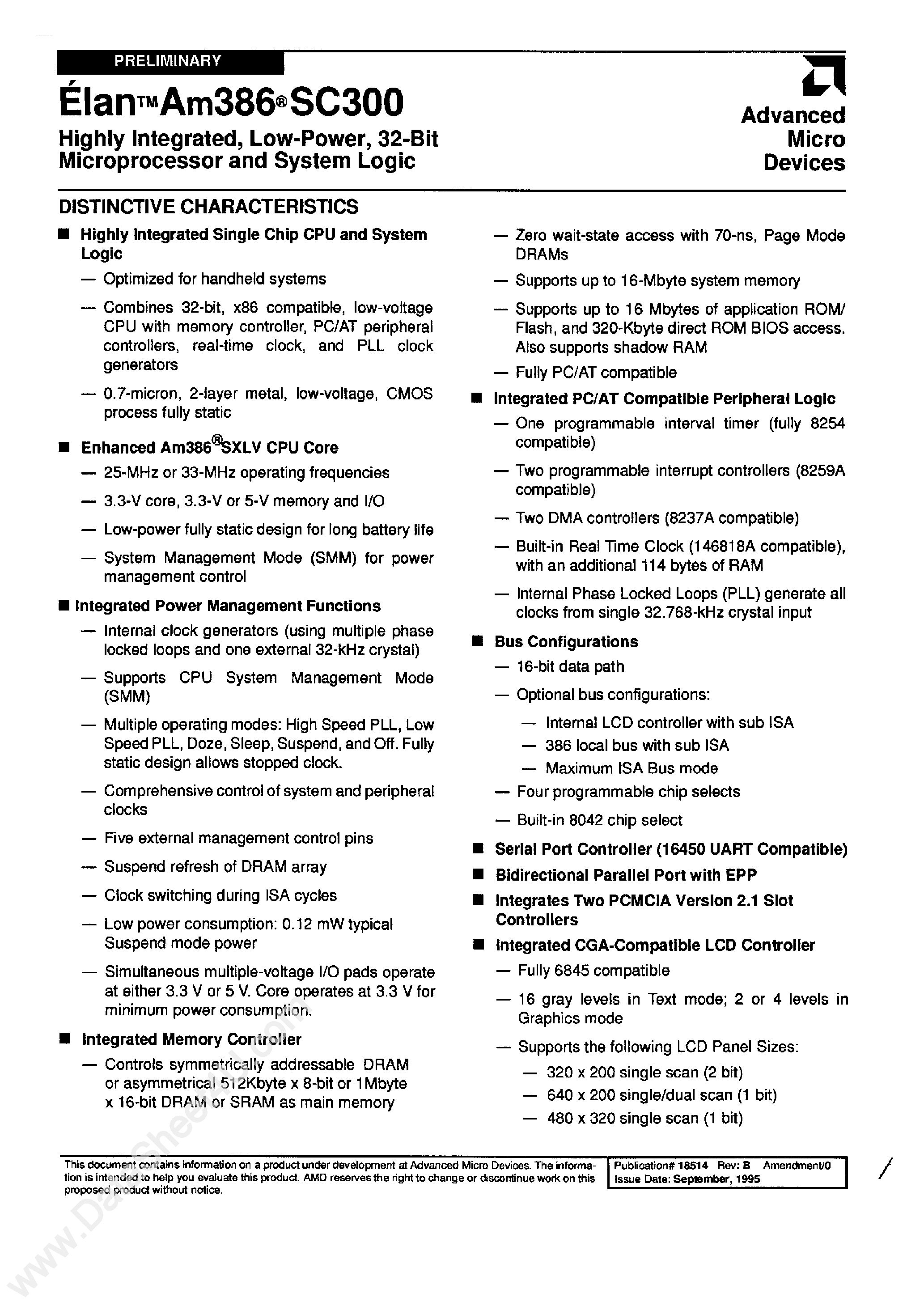 Datasheet AM386SC300 page 1 Datasheet AM386SC300 - 32-Bit Microprocessor and System Logic page 1