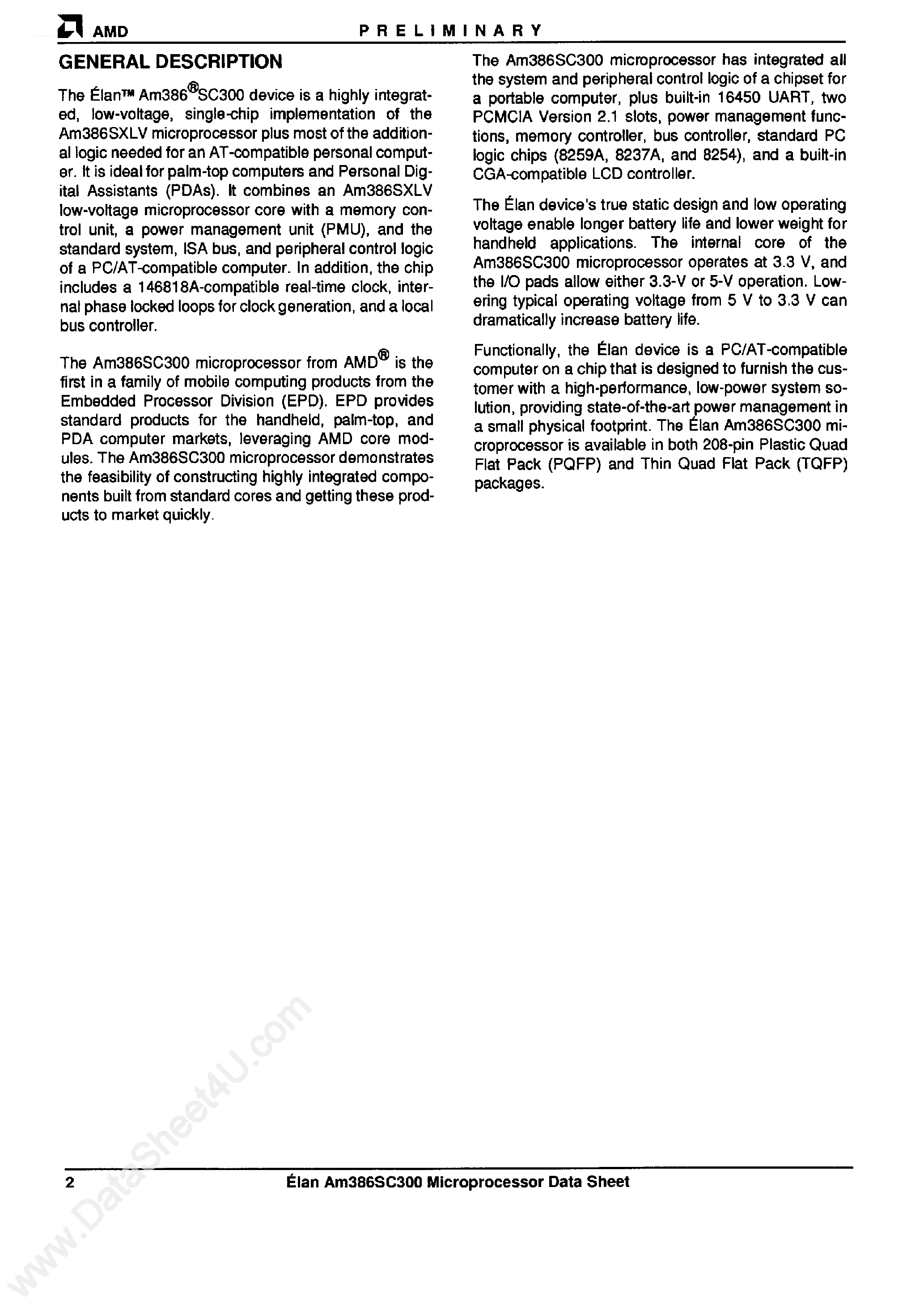 Datasheet AM386SC300 page 2 Datasheet AM386SC300 - 32-Bit Microprocessor and System Logic page 2