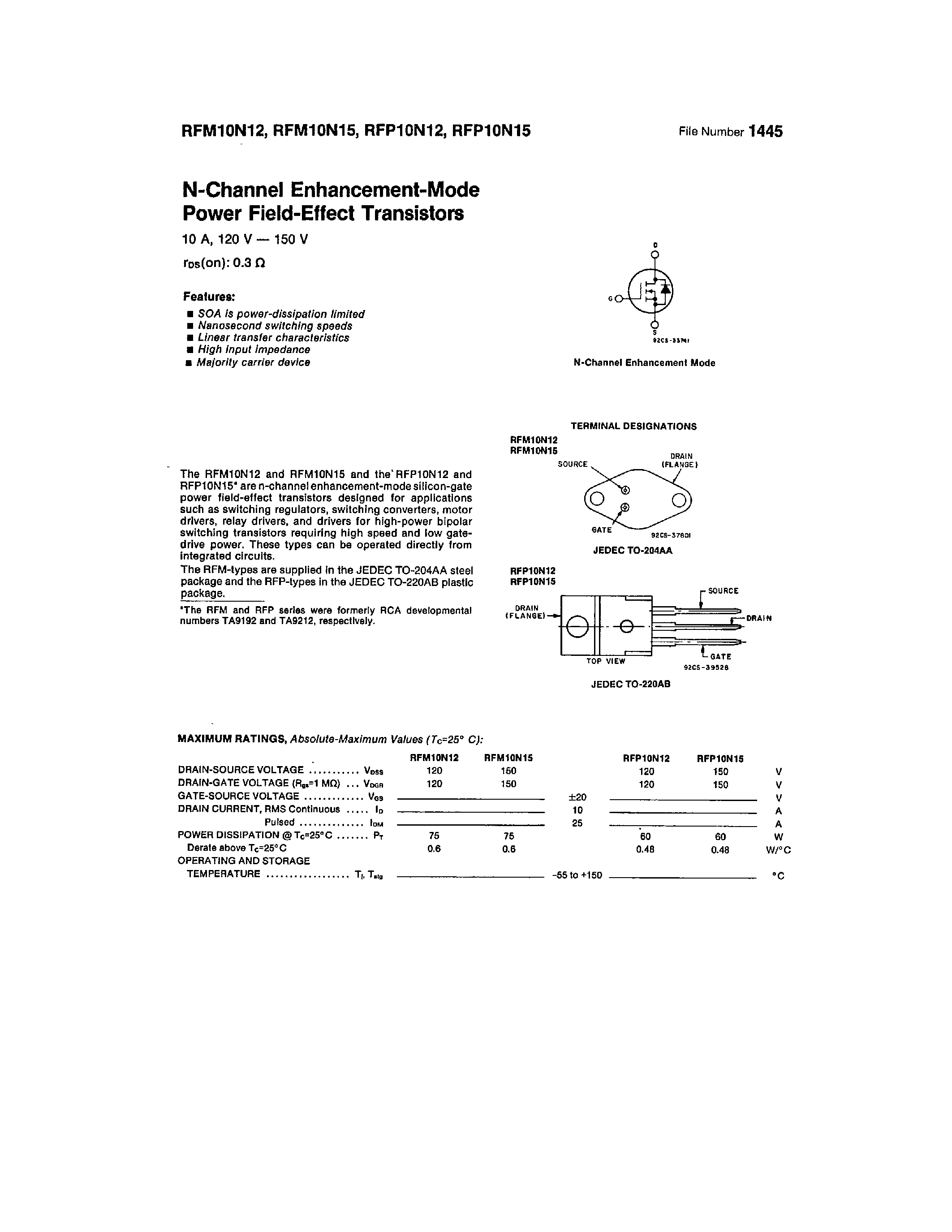 Datasheet RFM10N12 - (RFM10N12/15 / RFM10P12/15) N-CHANNEL ENHANCEMENT-MODE POWER FIELD-EFFECT TRANSISTORS page 1