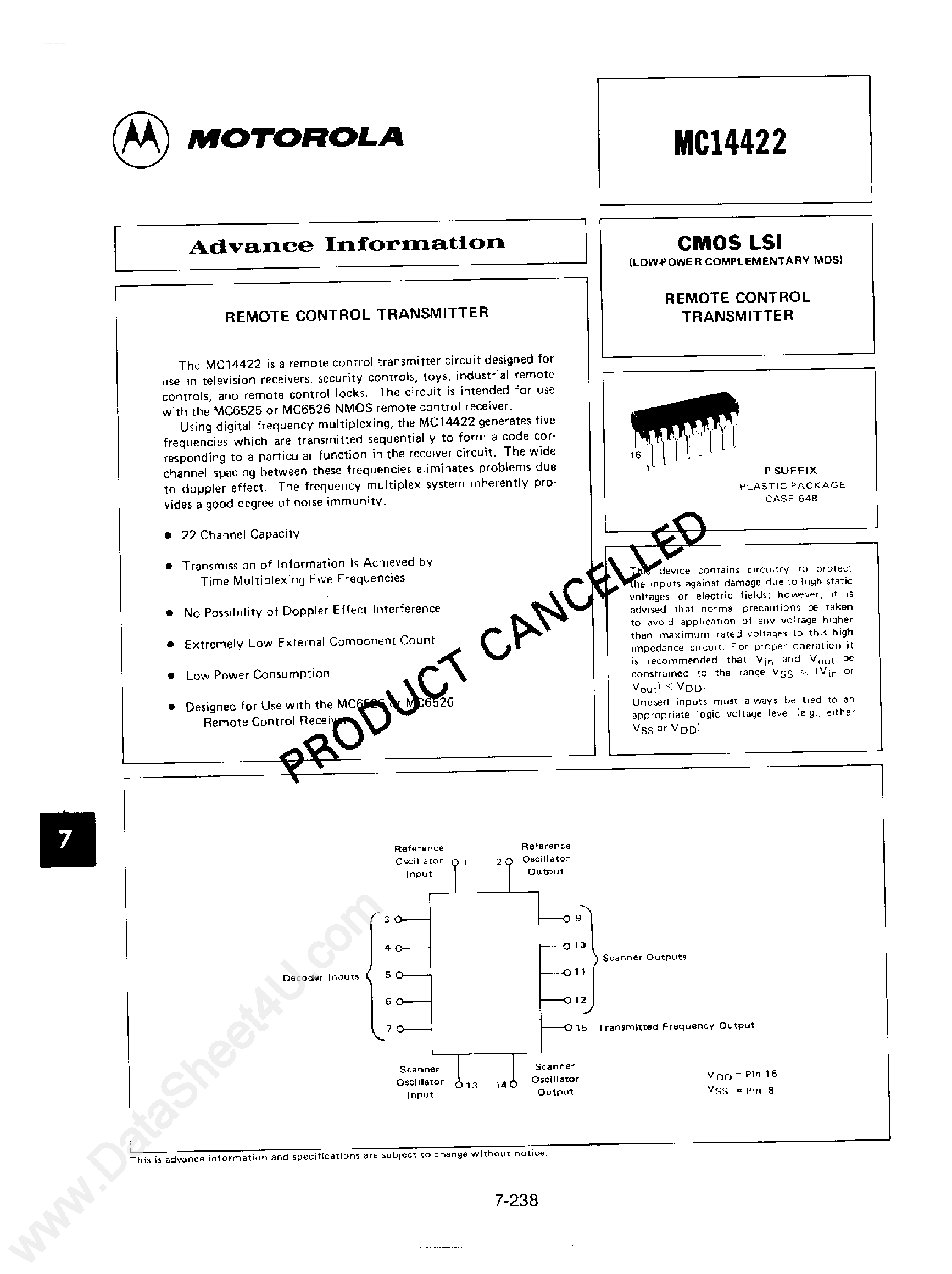 Даташит MC14422 - Remote Control Transmitter страница 1