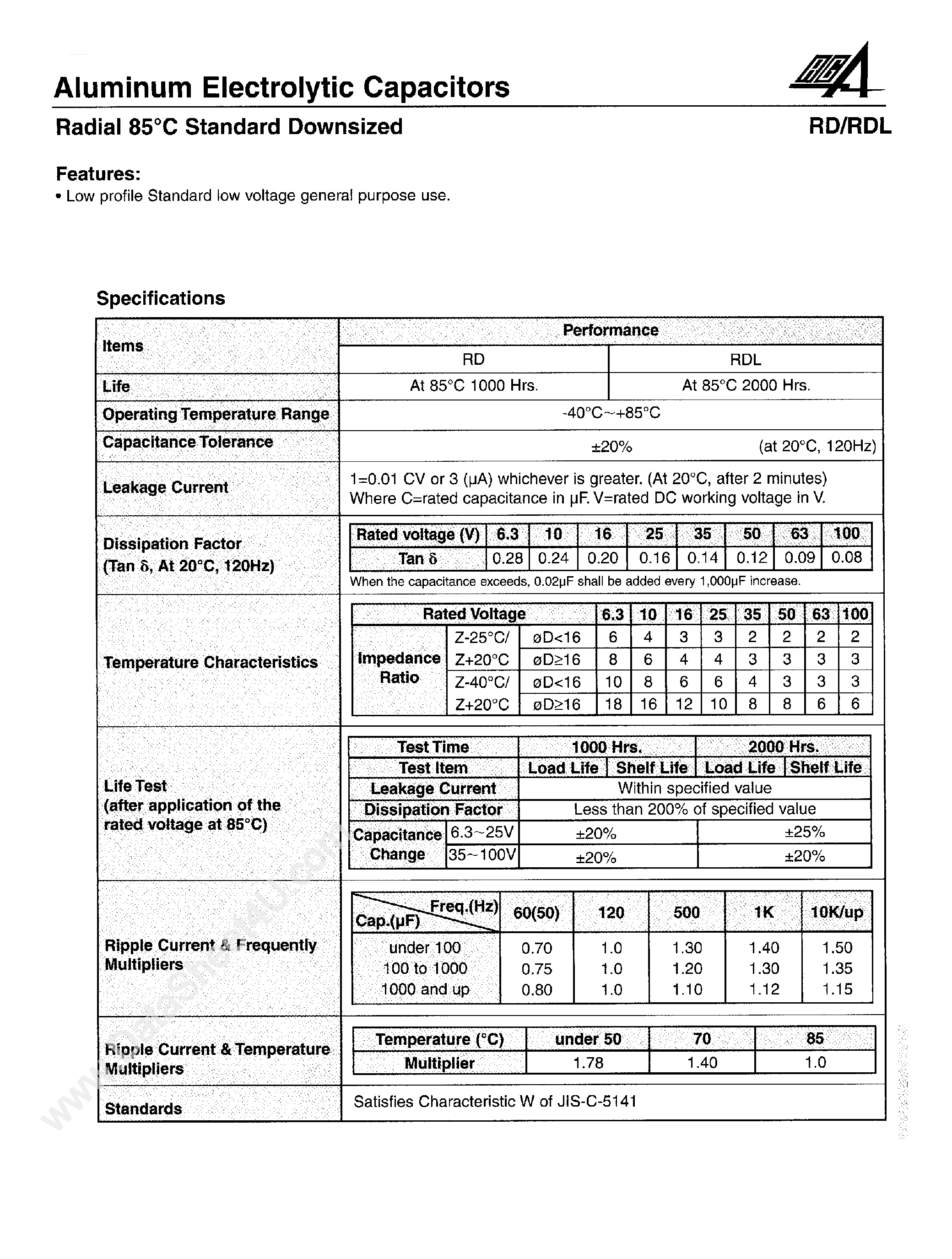 Datasheet RD22000xxxx - Aluminum Electrolytic Capacitors page 1