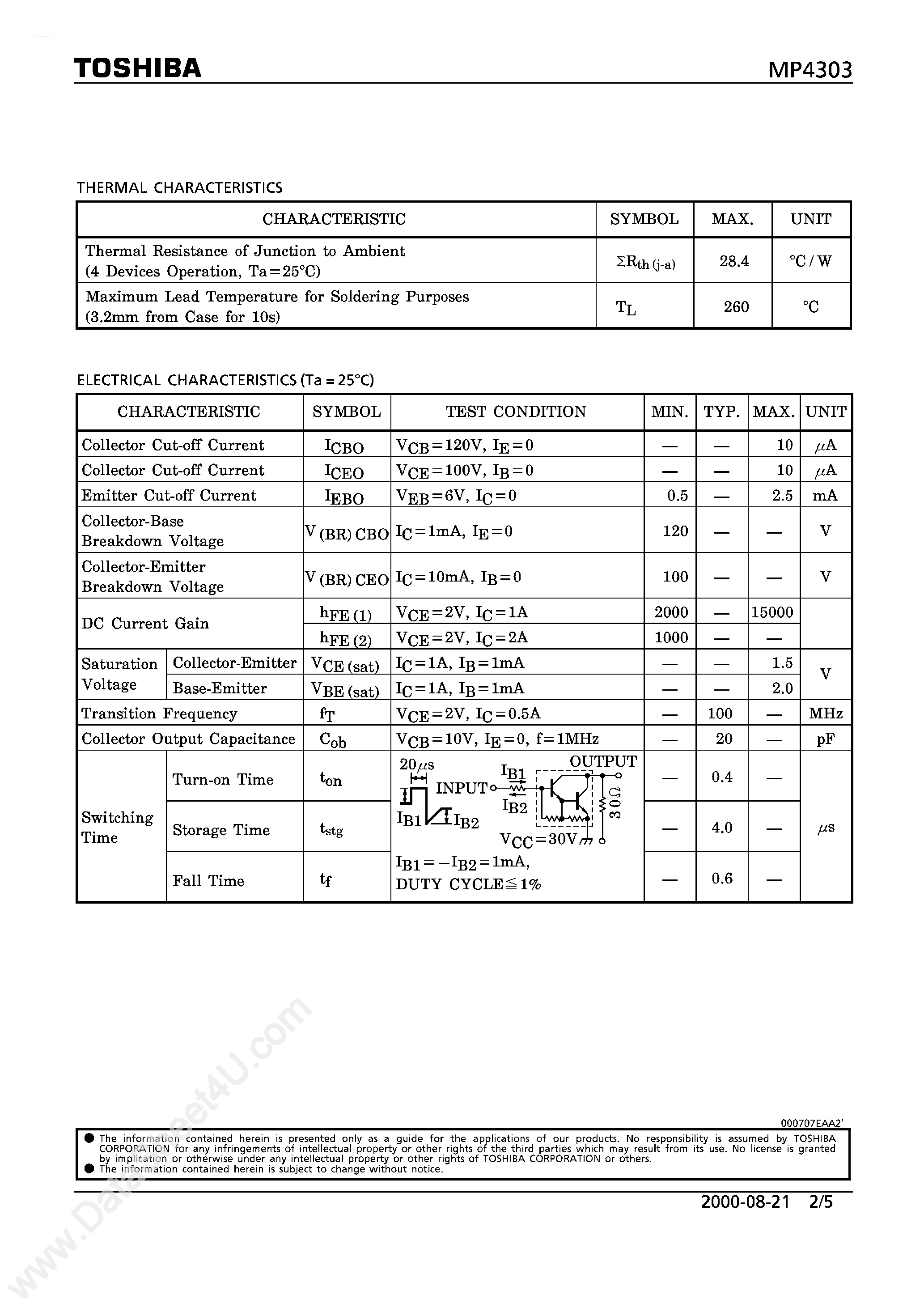 Datasheet MP4303 - N CHANNEL MSO TYPE (HIGH POWER HIGH SPEED SWITCHING APPLICATIONS HAMMER DRIVE page 2