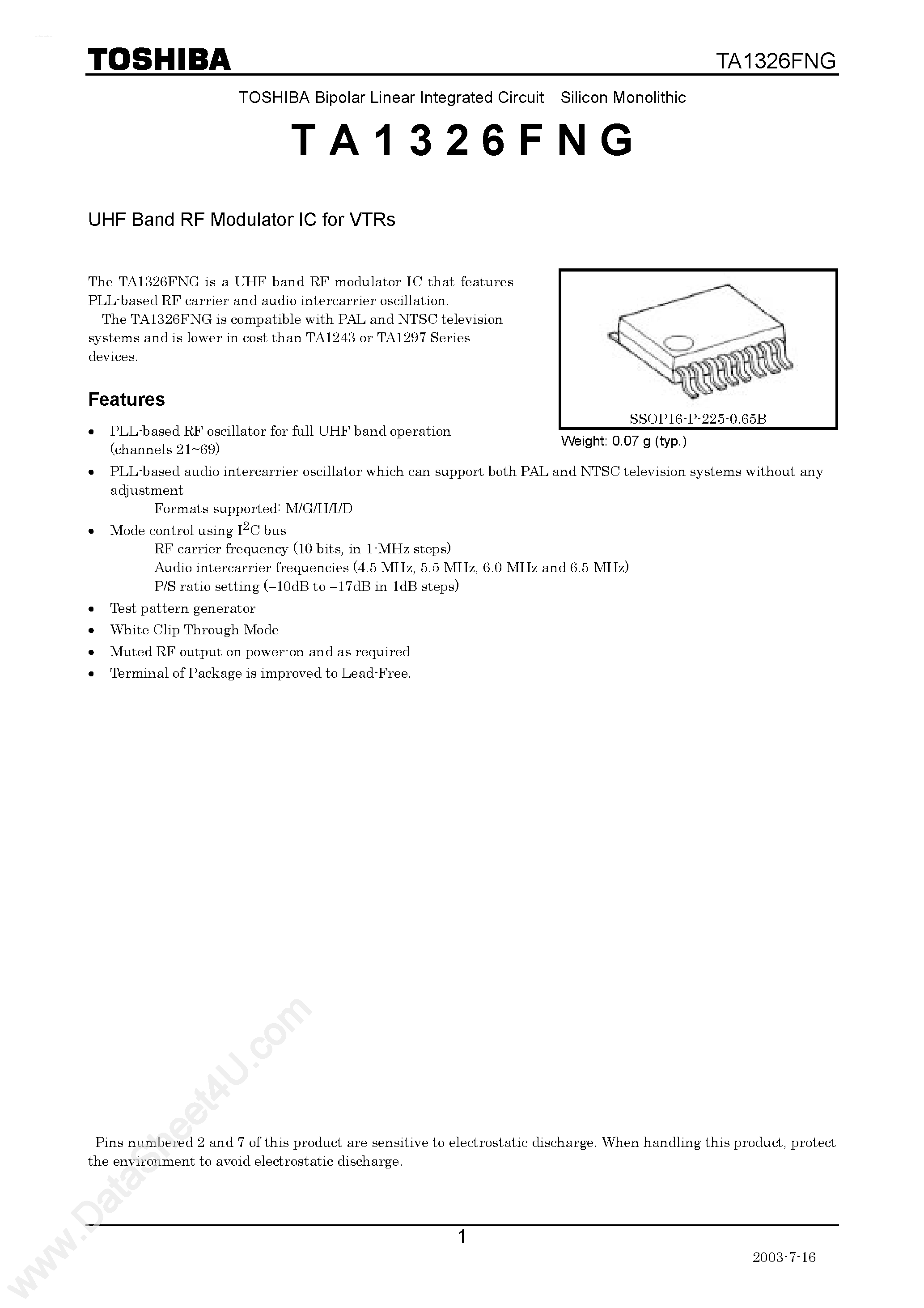 Datasheet TA1326FNG - UHF Band RF Modulator IC page 1