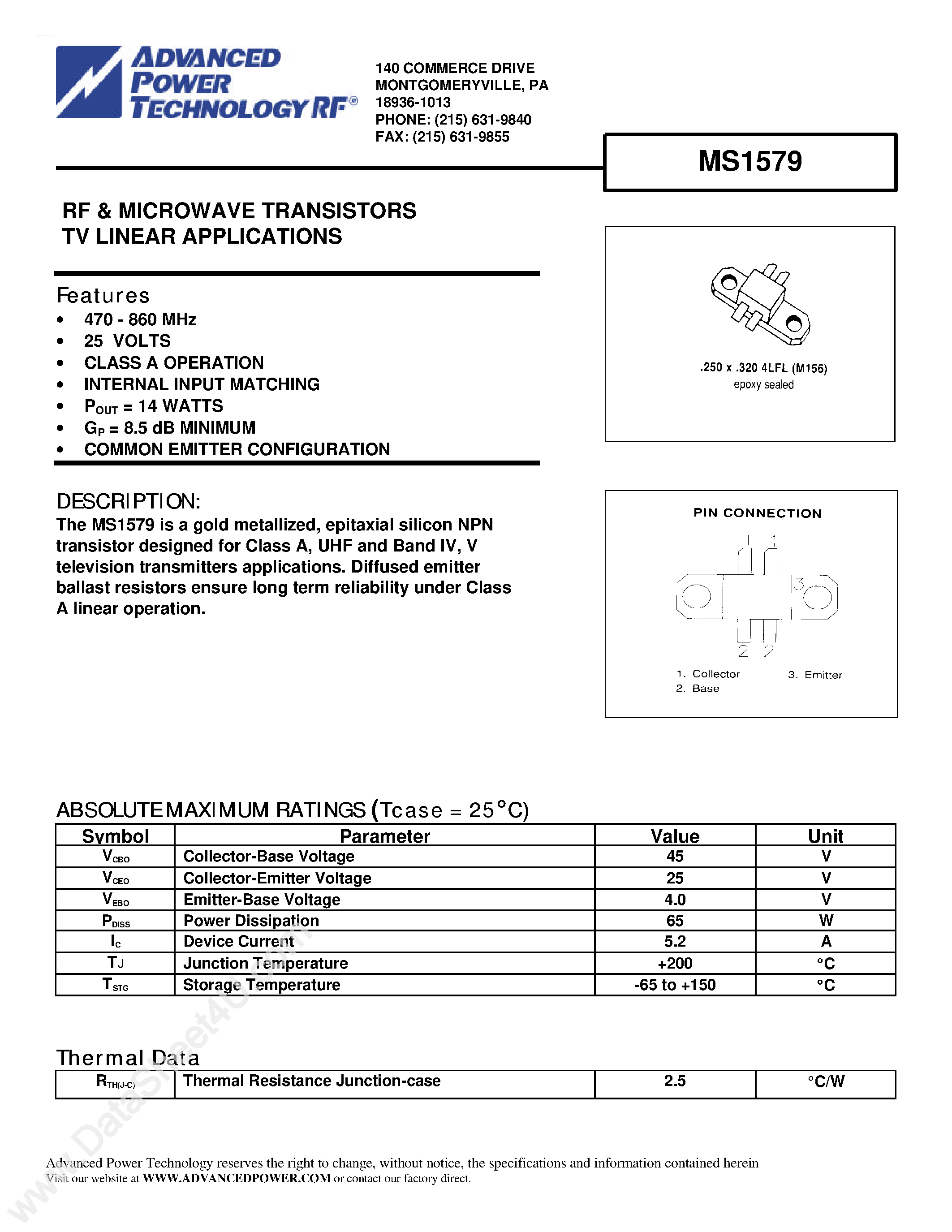 Datasheet MS1579 - RF & Microwave Transistors TV Linear Applications page 1