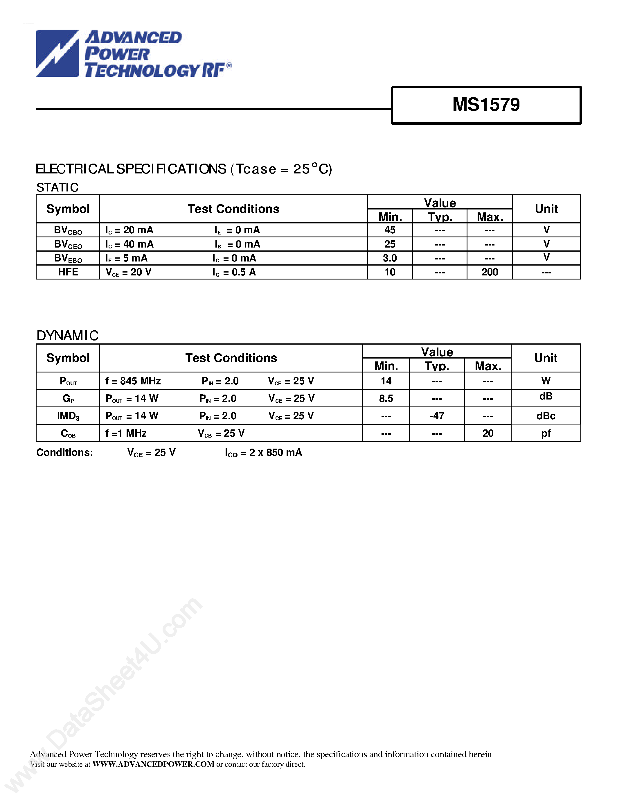 Datasheet MS1579 - RF & Microwave Transistors TV Linear Applications page 2