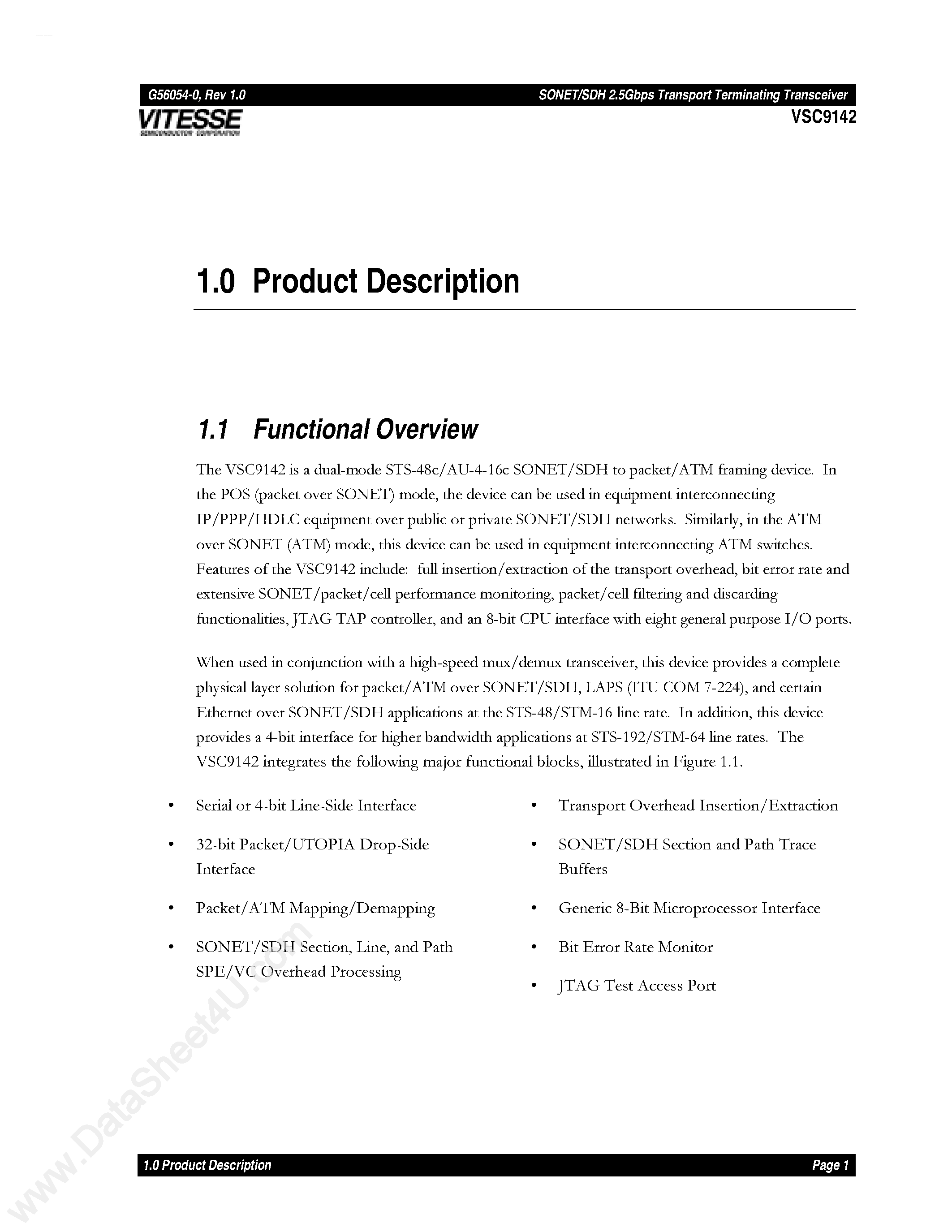 Datasheet VSC9142 - SONET/SDH 2.5Gbps Transport Terminating Transceiver page 1