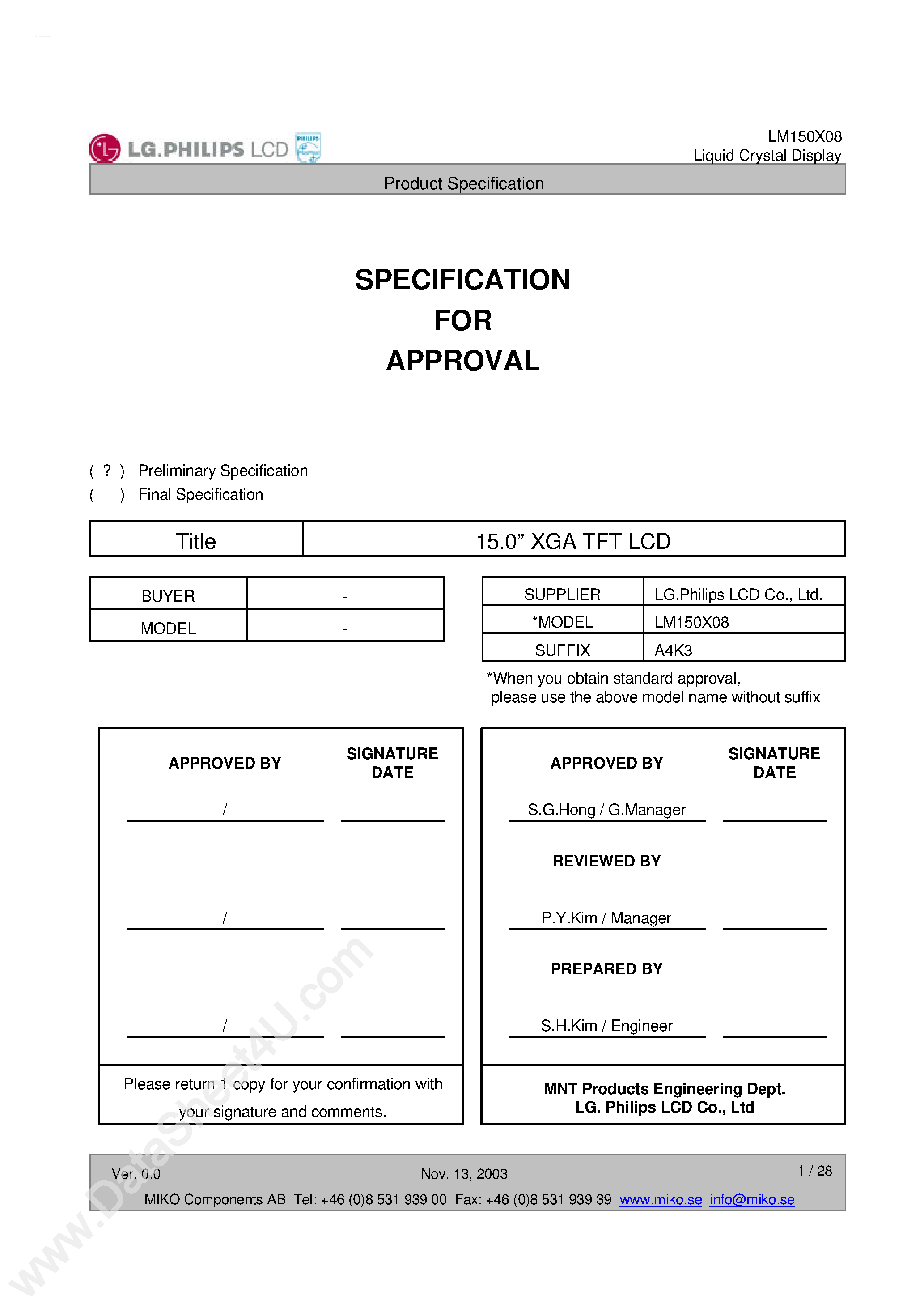 Datasheet LM150X08 - XGA TFT LCD page 1
