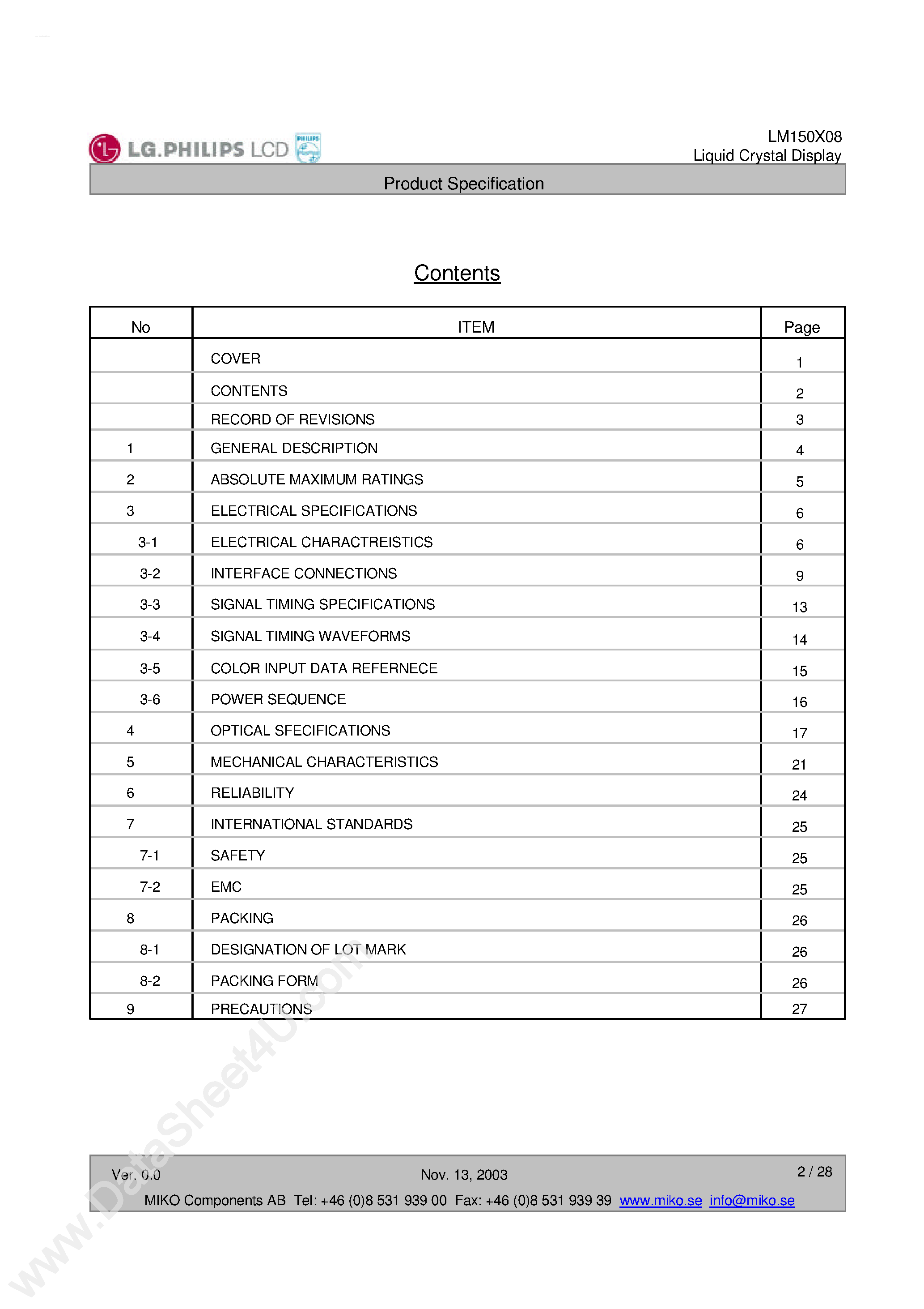 Datasheet LM150X08 - XGA TFT LCD page 2