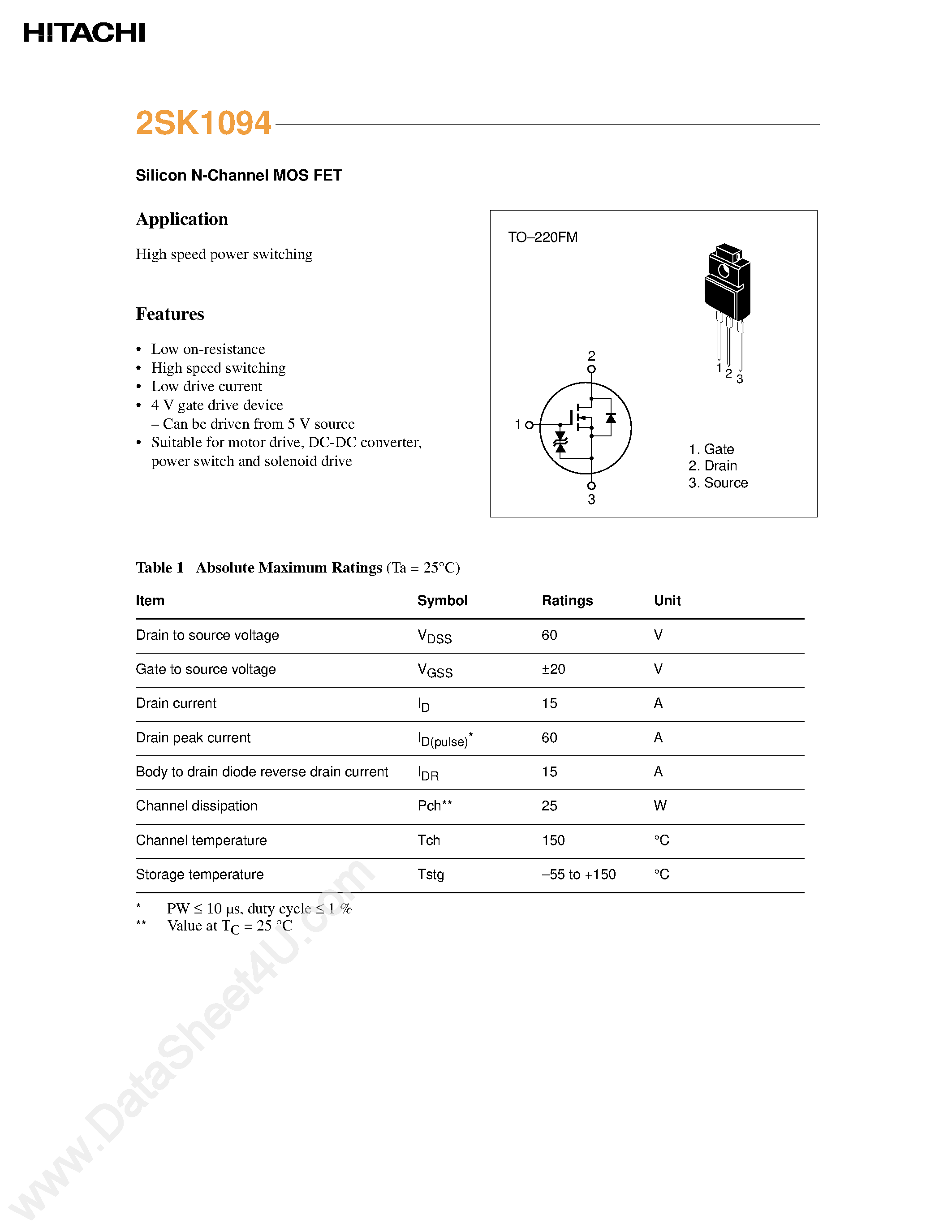Даташит на микросхему 2SK1094 страница 1 Даташит 2SK1094 - Silicon N-Channel MOS FET страница 1