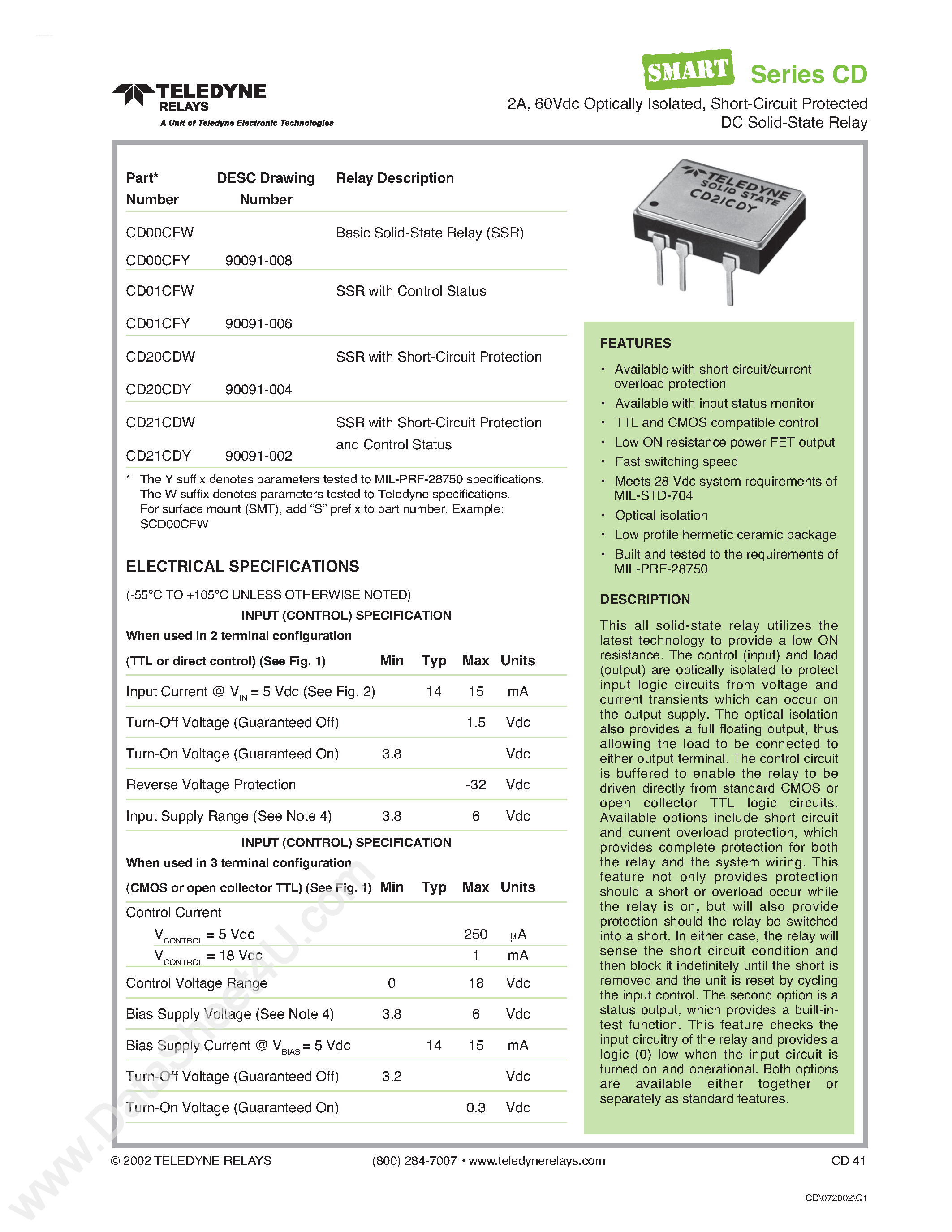 Datasheet CD20CDW page 1 Datasheet CD20CDW - (CD2xCxx) DC Soild State Relay page 1