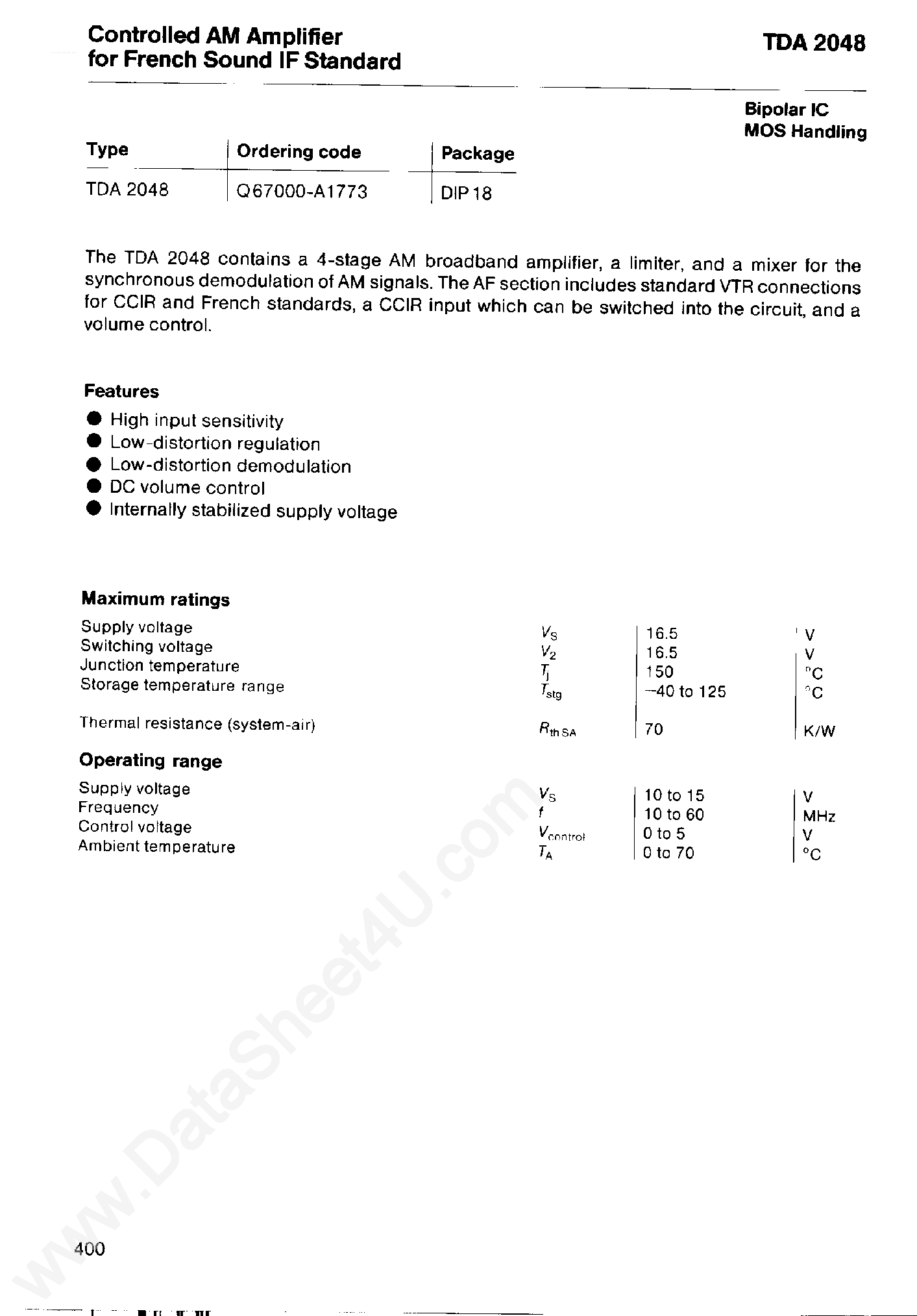 Datasheet TDA2048 page 1 Datasheet TDA2048 - Controlled AM Amplifier page 1