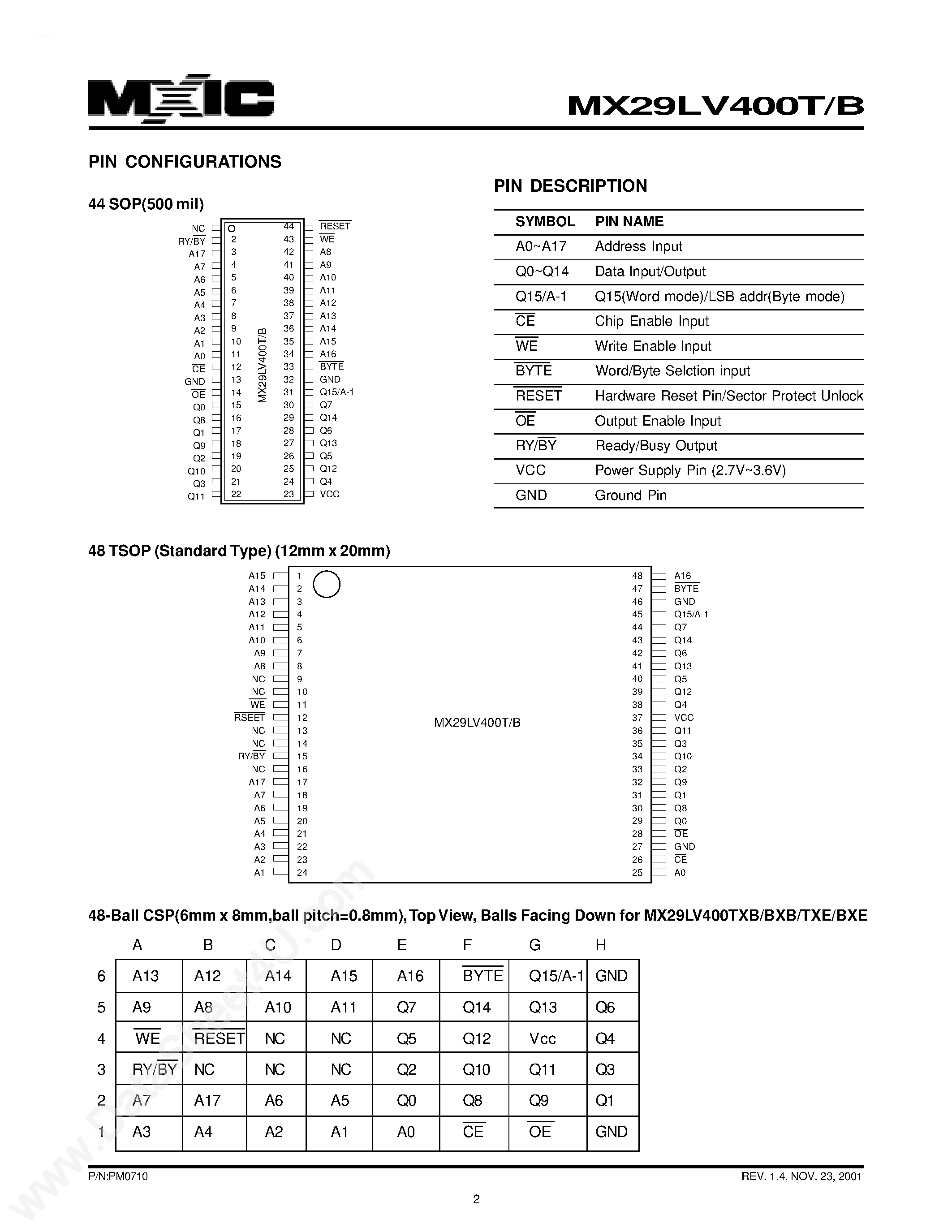 Даташит MX29LV400B - (MX29LV400B/T) 4M-BIT [512K x 8 / 256K x 16] CMOS SINGLE VOLTAGE 3V ONLY FLASH MEMORY страница 2