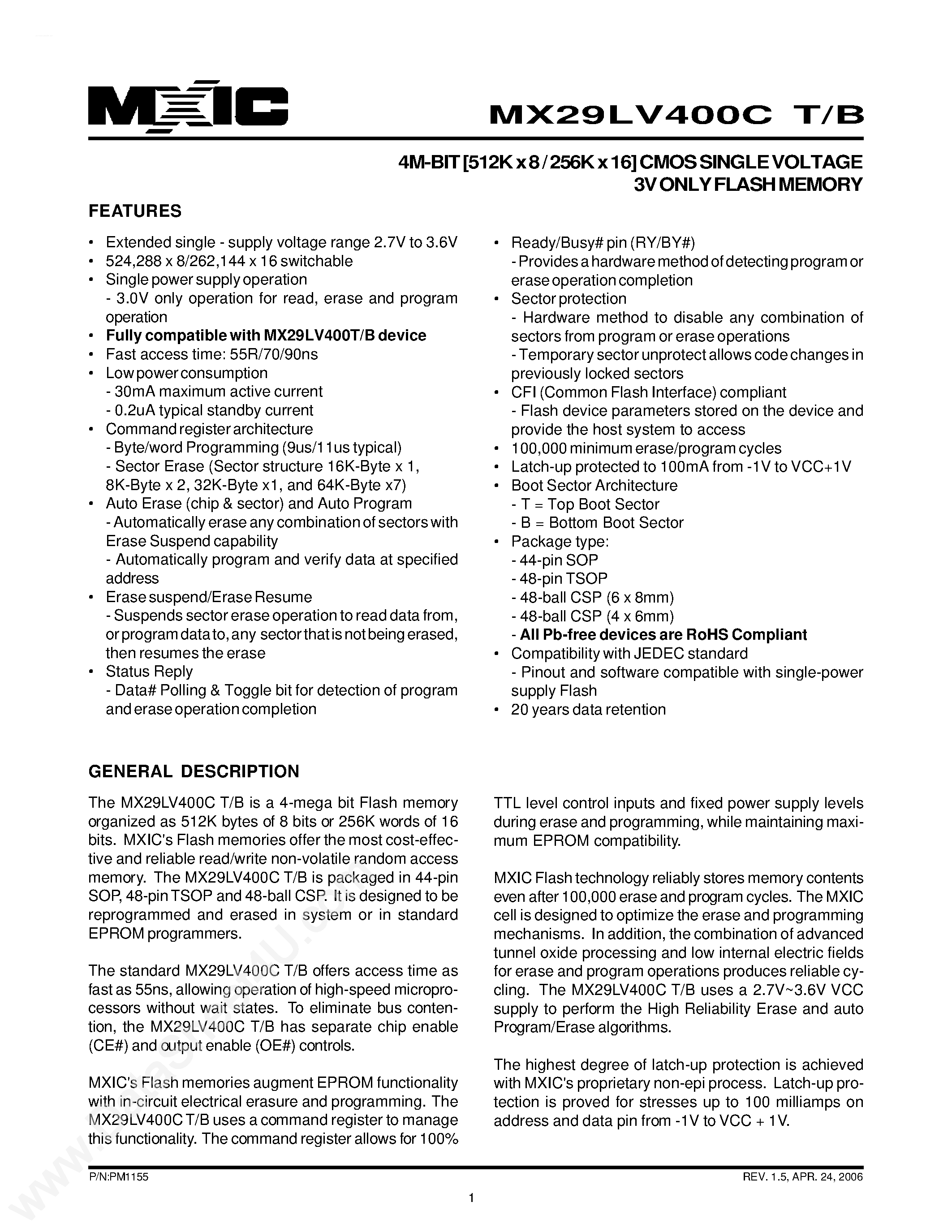 Datasheet MX29LV400CB - (MX29LV400CB/T) 4M-BIT [512K x 8 / 256K x 16] CMOS SINGLE VOLTAGE 3V ONLY FLASH MEMORY page 1