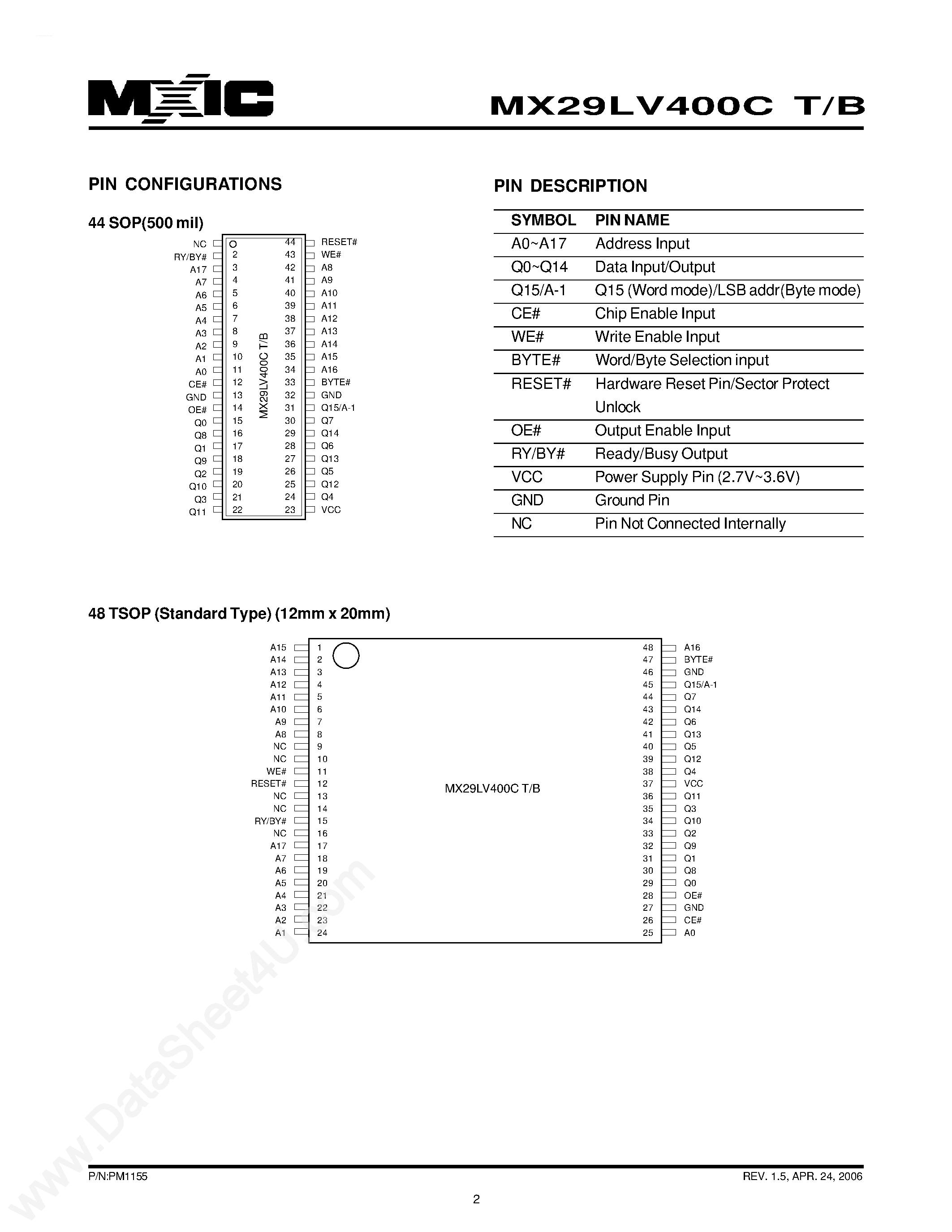 Datasheet MX29LV400CB - (MX29LV400CB/T) 4M-BIT [512K x 8 / 256K x 16] CMOS SINGLE VOLTAGE 3V ONLY FLASH MEMORY page 2